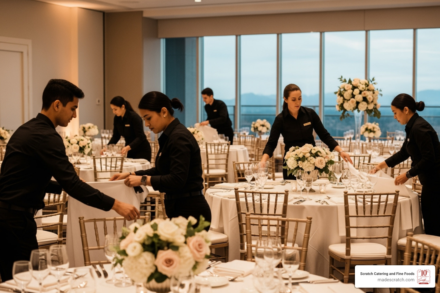 professional catering team setting up an neat event space - social catering & events professional catering team setting up an neat event space - social catering & events