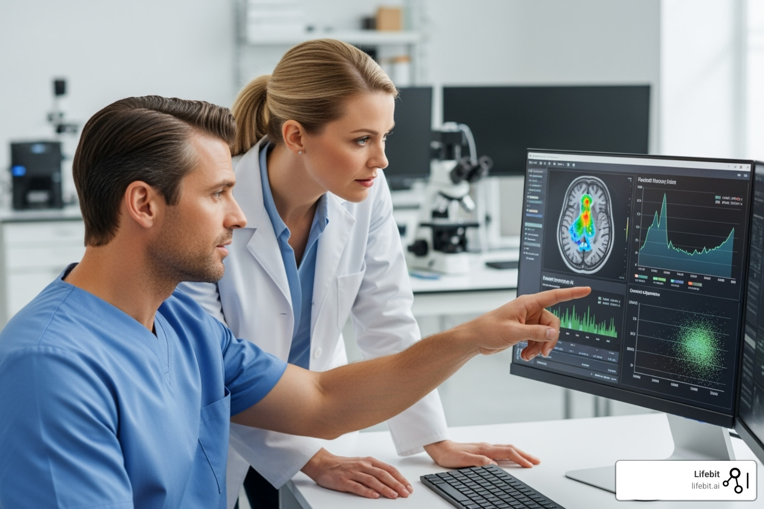 A clinician and researcher collaborating over a computer screen showing AI results - AI for biomarker findy