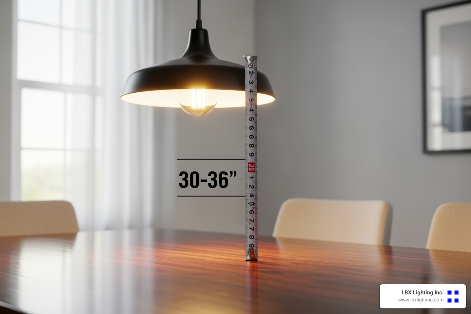 A measuring tape showing the correct height of a pendant light over a dining table, illustrating the 30-36 inch rule. - dining table light design