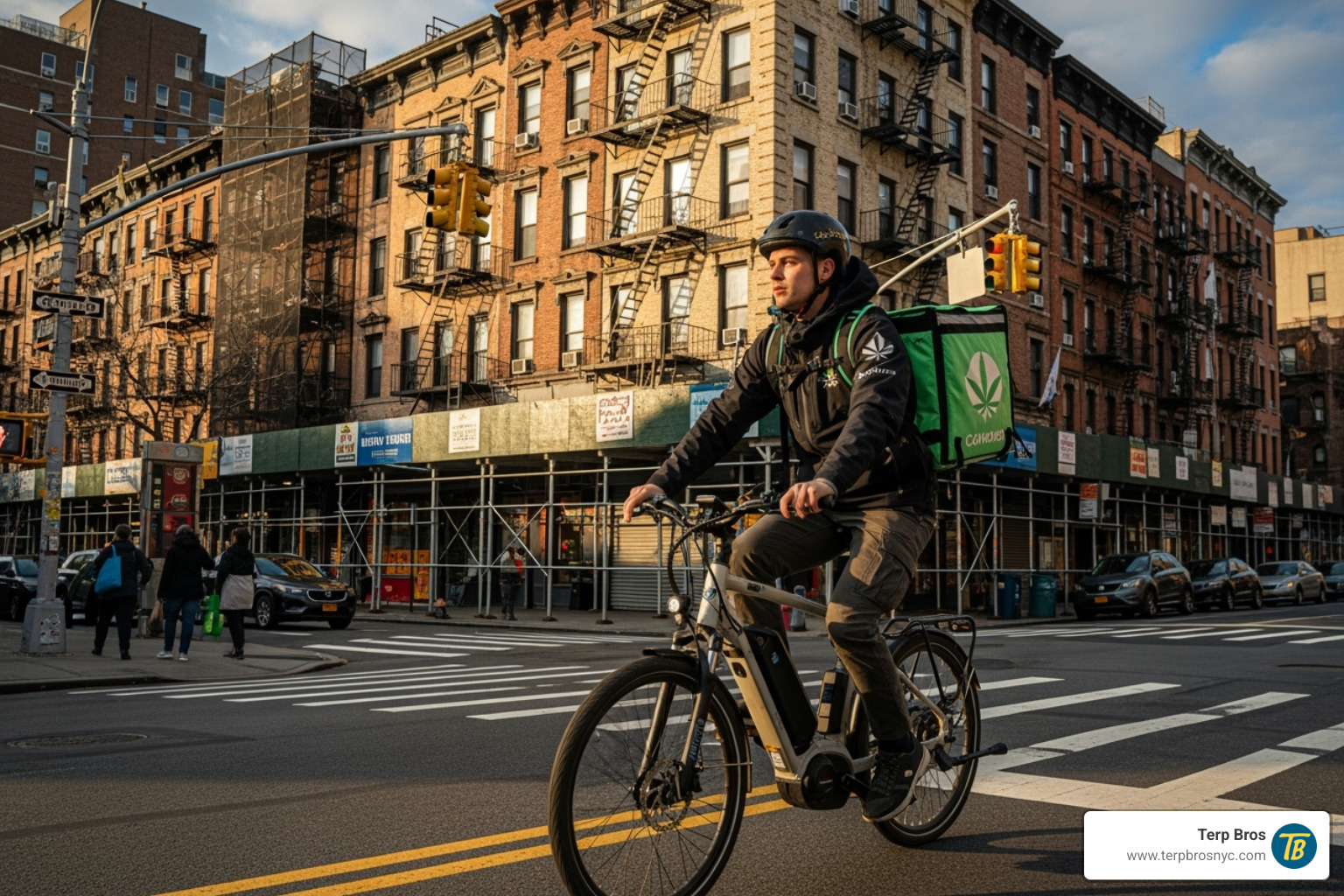 Terp Bros delivery driver on e-bike in Queens - lemonatti strain effects