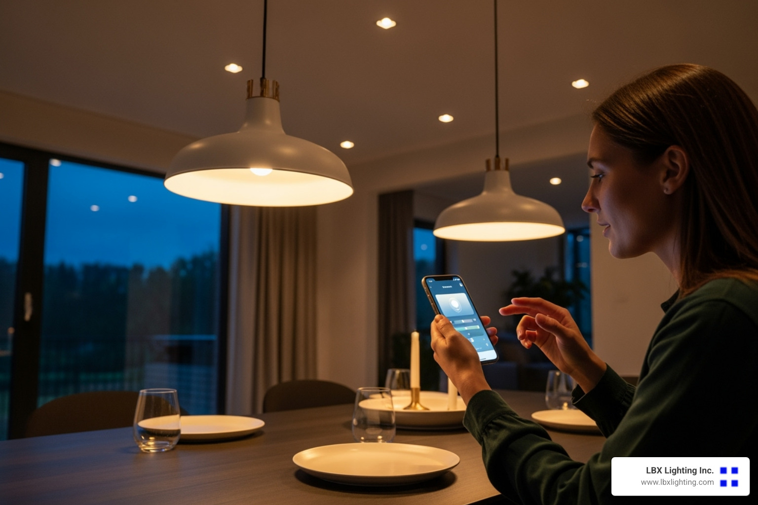 person using smartphone to adjust smart dining room lights - dining ceiling lights design