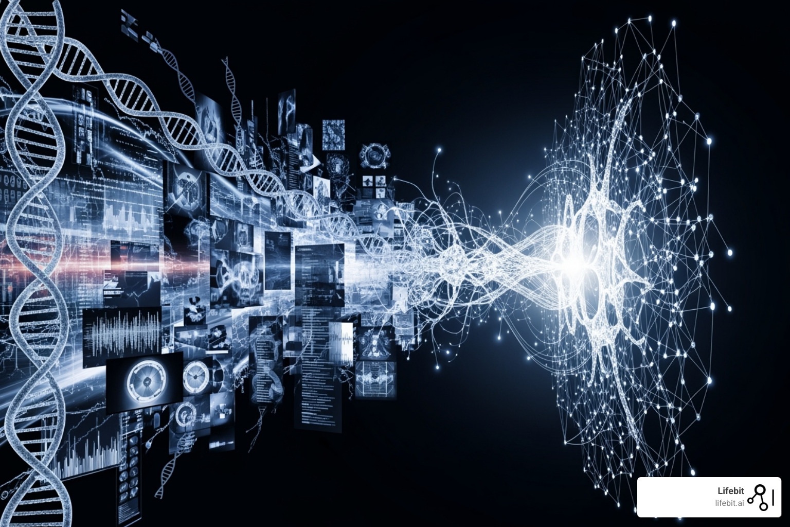 A neural network processing different data types (genomics, images, clinical data) - AI for biomarker findy