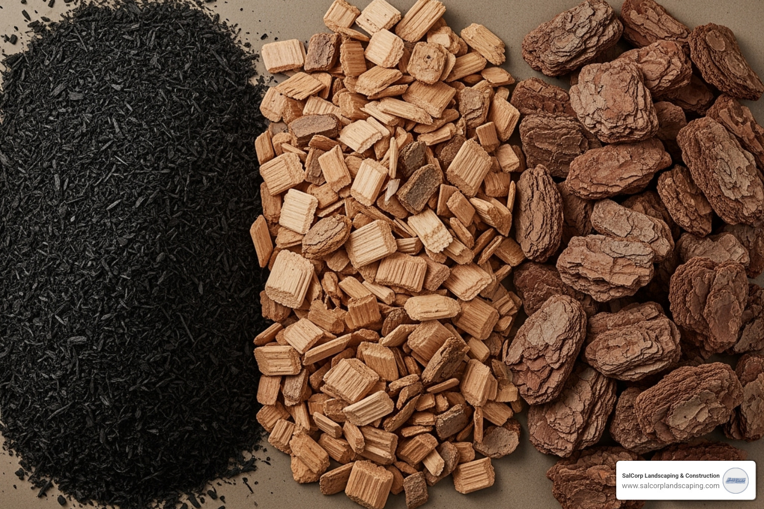 different types of mulch side-by-side, such as black mulch, wood chips, and bark - Mulch application service different types of mulch side-by-side, such as black mulch, wood chips, and bark - Mulch application service