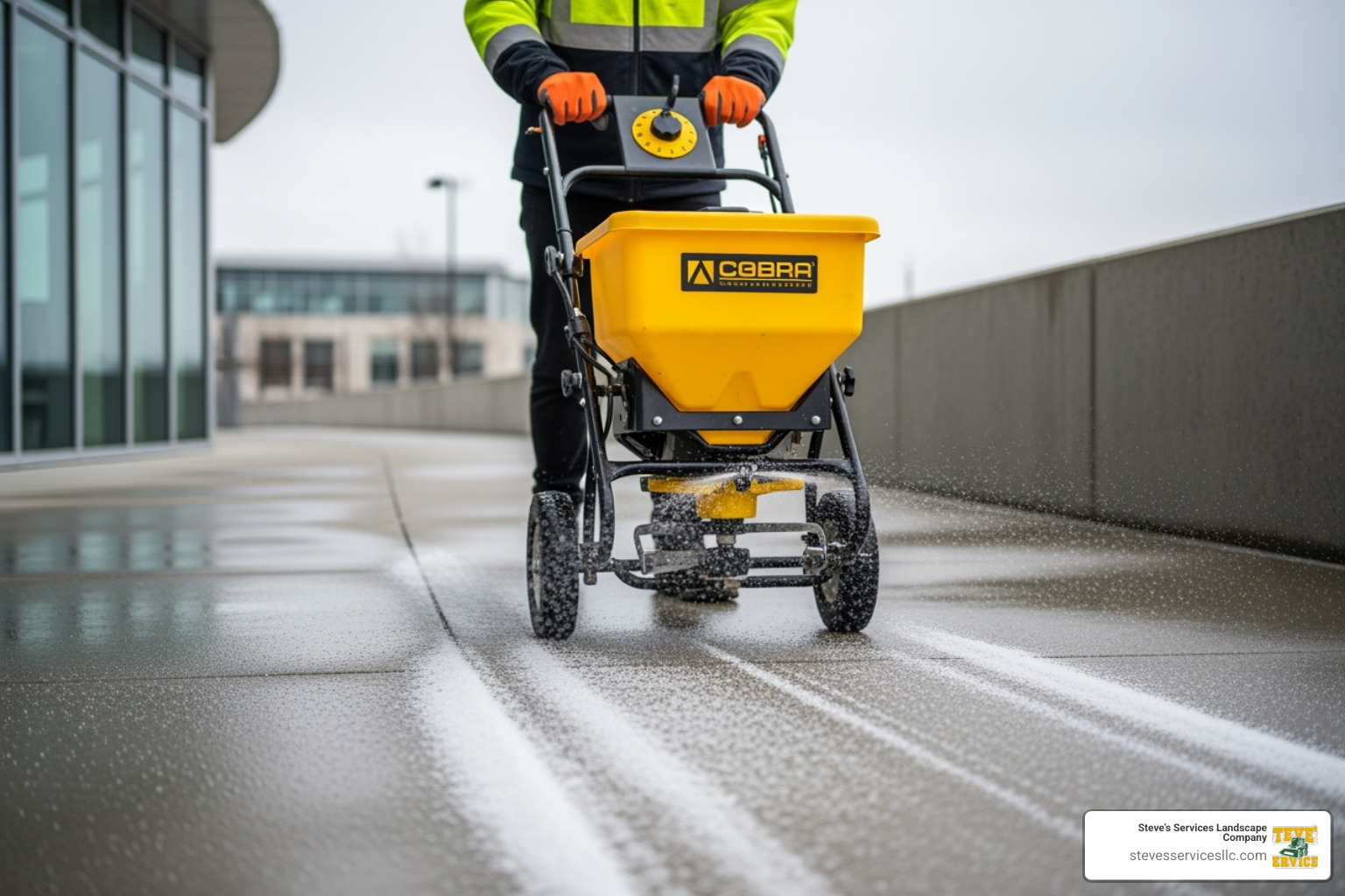 A calibrated salt spreader applying material to a commercial walkway, demonstrating precise and sustainable application. - snow and ice management