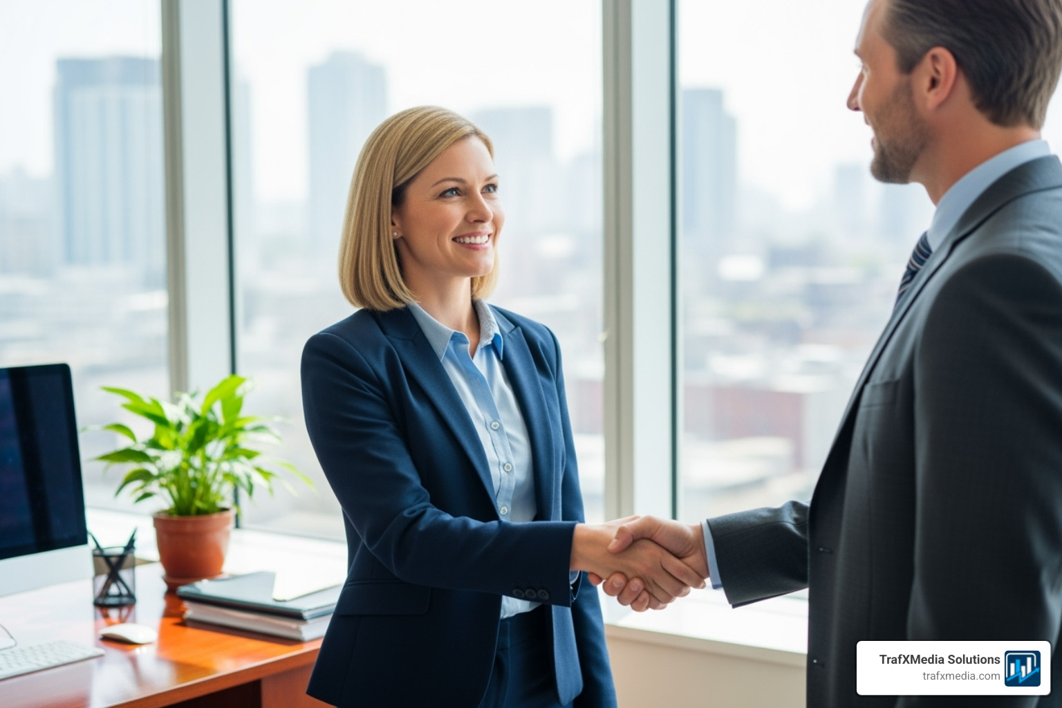 A confident, white female accountant shaking hands with a new client in a bright, professional office, symbolizing successful client acquisition. - Google ads for accountants A confident, white female accountant shaking hands with a new client in a bright, professional office, symbolizing successful client acquisition. - Google ads for accountants
