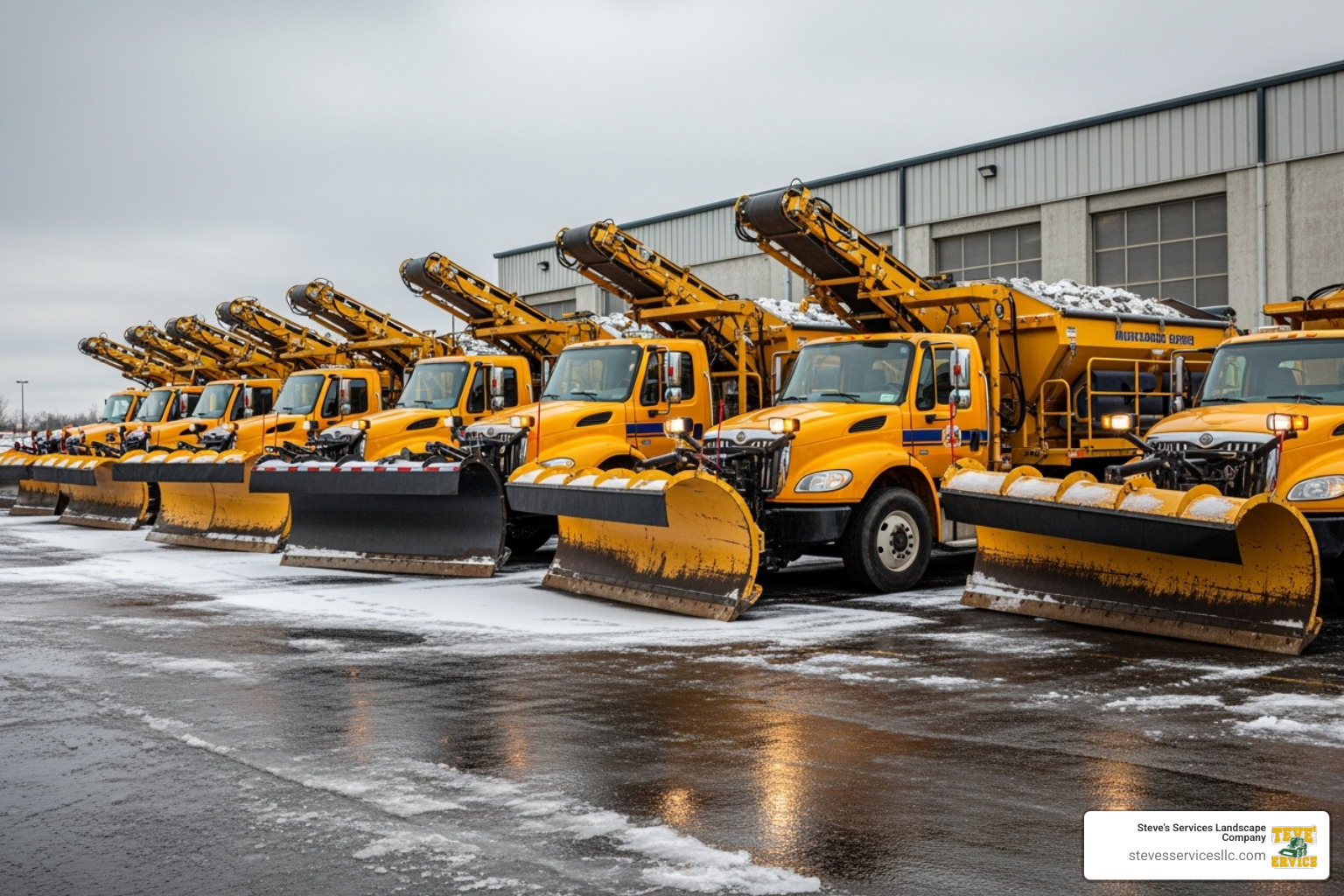 A fleet of snow plows and salt spreaders ready for deployment, showcasing modern snow and ice management equipment. - snow and ice management