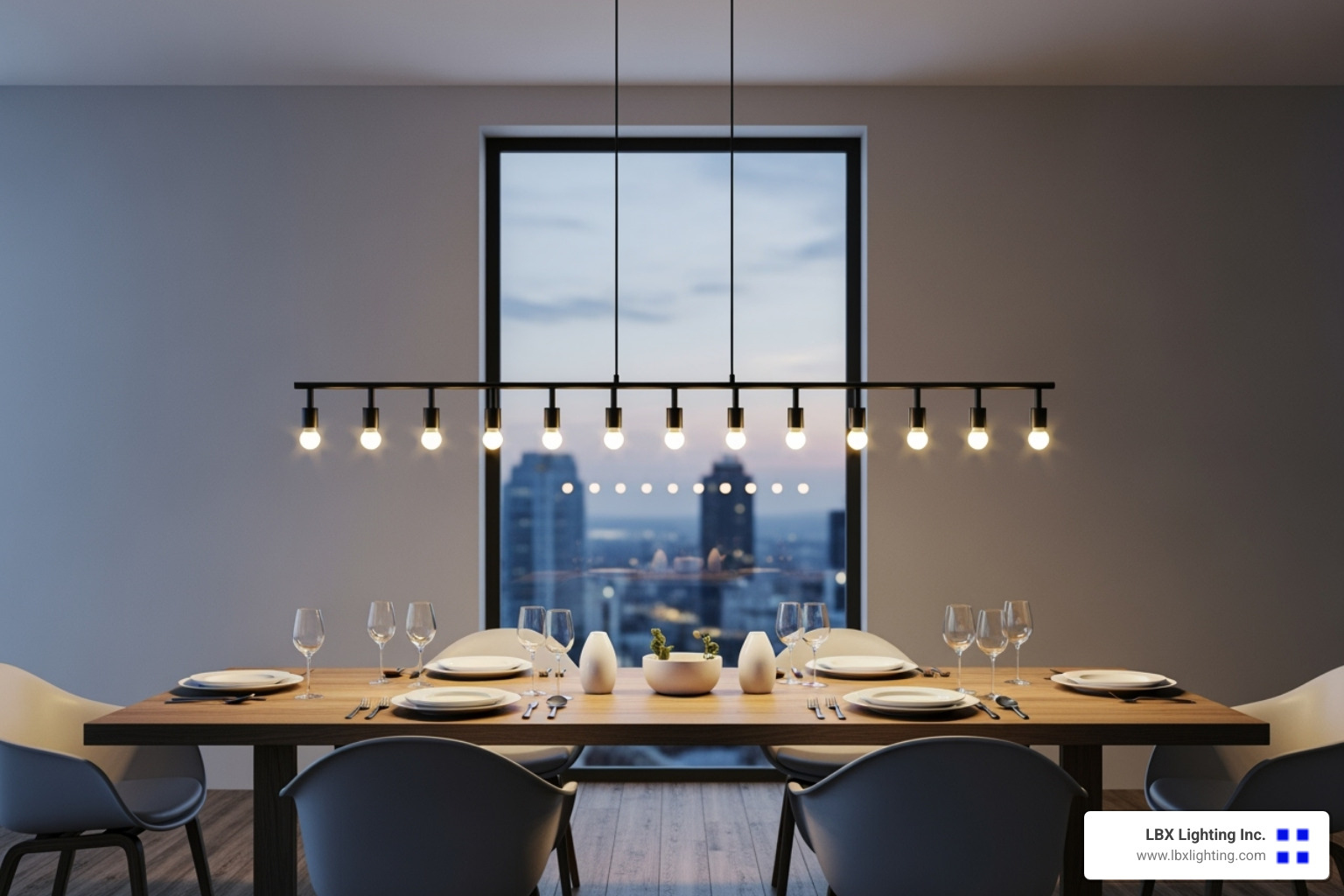 A dining room showing layered lighting with a central chandelier, wall sconces, and recessed lighting. - dining table light design