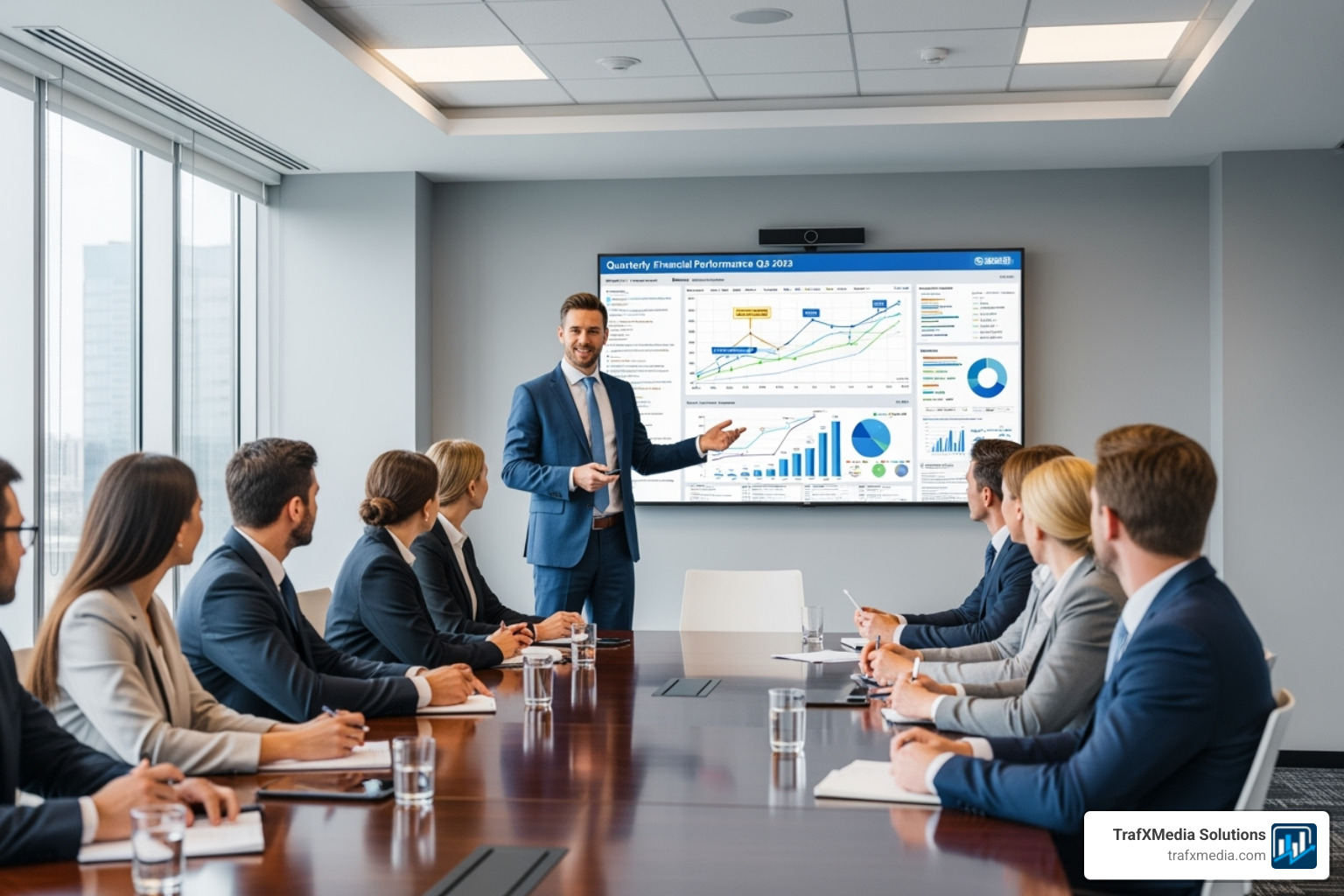 A diverse group of business professionals in a meeting, with a focus on a white male accountant presenting financial data on a screen to a receptive audience, all Caucasian. - Google ads for accountants A diverse group of business professionals in a meeting, with a focus on a white male accountant presenting financial data on a screen to a receptive audience, all Caucasian. - Google ads for accountants