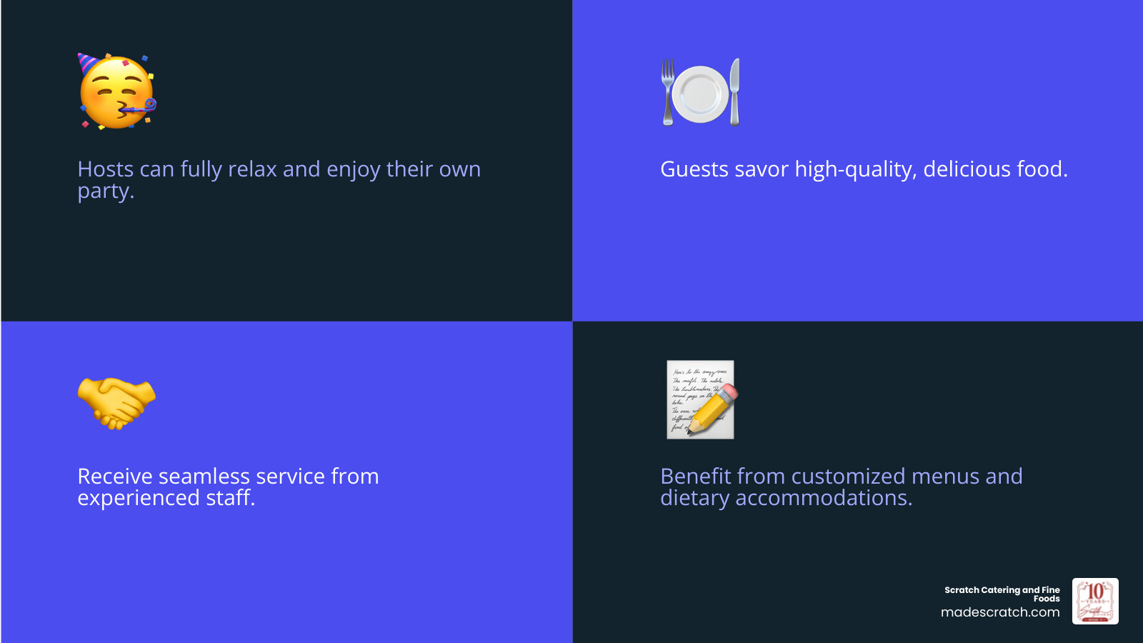 Infographic showing the types of events party catering services handle and the benefits of hiring professional catering - party catering services infographic 4_facts_emoji_blue