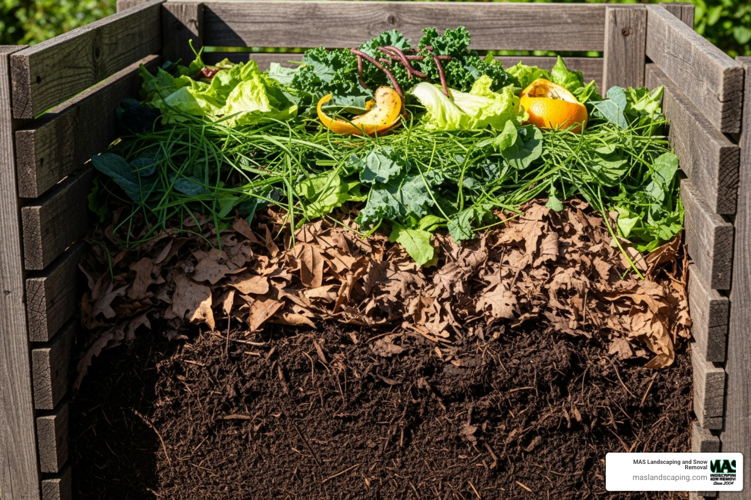 Well-maintained compost bin with layers of leaves and green material - landscaping leaf cleanup