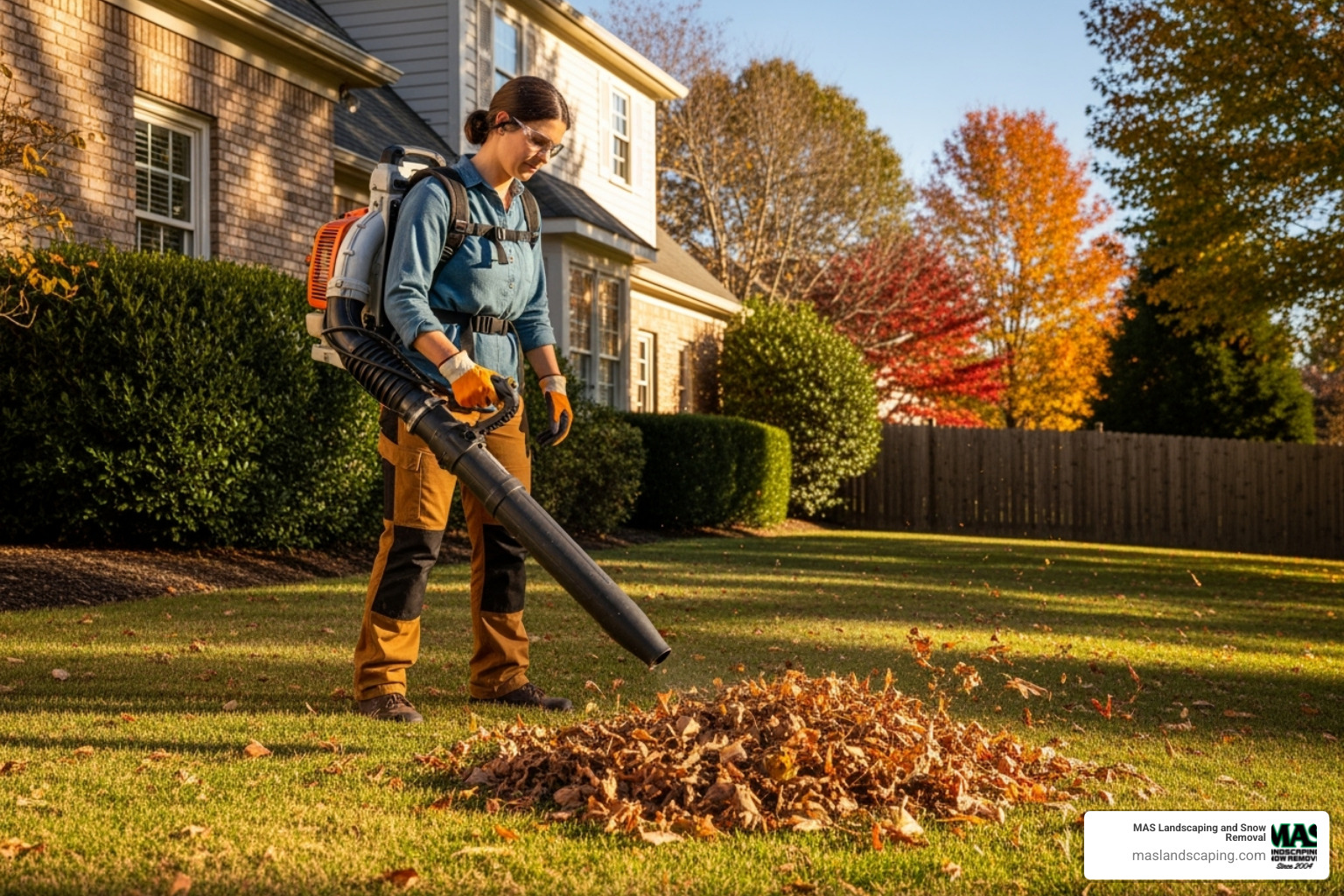 Homeowner safely operating a backpack leaf blower - landscaping leaf cleanup