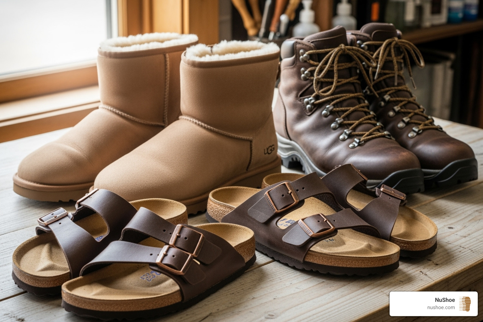 A collection of beautifully renewed shoes, including a pair of UGG boots, classic Birkenstock sandals, and rugged hiking boots, showcasing the versatility of professional repair services. - renew shoes A collection of beautifully renewed shoes, including a pair of UGG boots, classic Birkenstock sandals, and rugged hiking boots, showcasing the versatility of professional repair services. - renew shoes