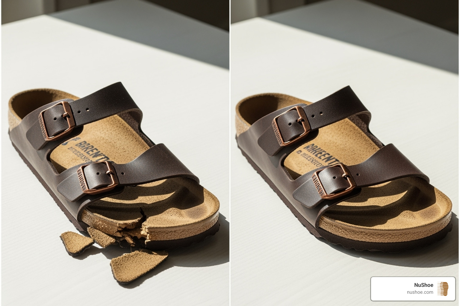 A striking side-by-side comparison of a worn-out Birkenstock sandal next to the same sandal after professional repair, showcasing a completely restored cork footbed and refreshed straps. - renew shoes A striking side-by-side comparison of a worn-out Birkenstock sandal next to the same sandal after professional repair, showcasing a completely restored cork footbed and refreshed straps. - renew shoes