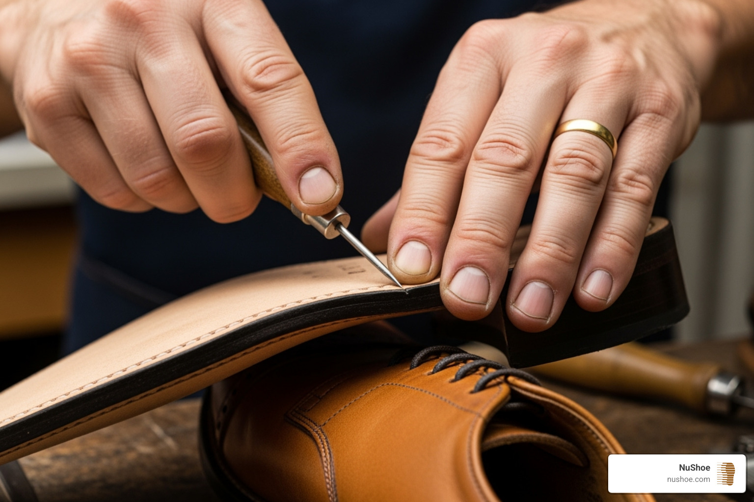 A cobbler's hands carefully working on attaching a new sole to a shoe, demonstrating the precision and care involved in professional shoe repair. - renew shoes A cobbler's hands carefully working on attaching a new sole to a shoe, demonstrating the precision and care involved in professional shoe repair. - renew shoes