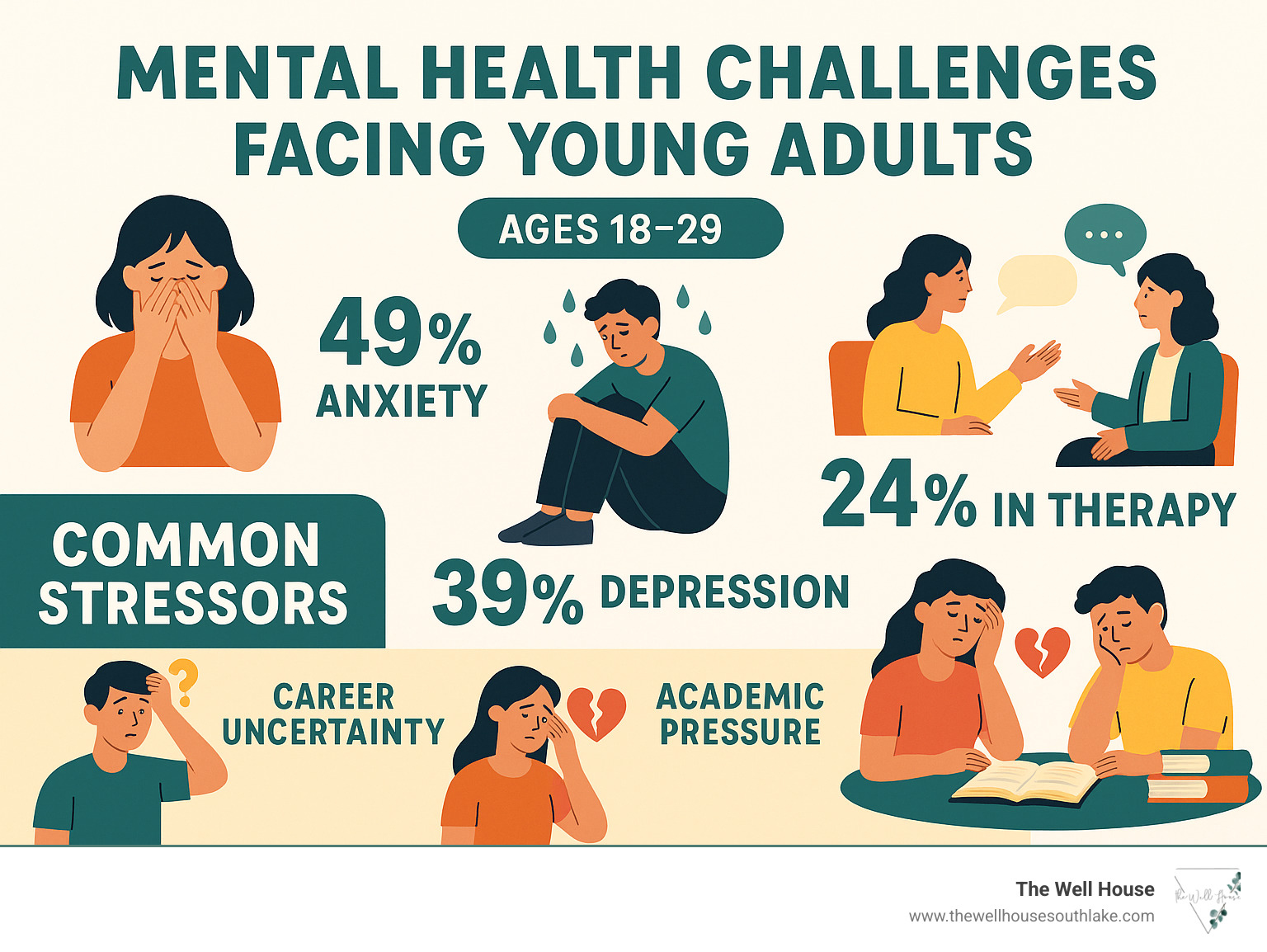Infographic showing statistics on mental health challenges faced by young adults, including rates of anxiety, depression, and therapy utilization among ages 18-29, with visual elements depicting common stressors like career uncertainty, relationship issues, and academic pressure - therapists for young adults near me infographic  Infographic showing statistics on mental health challenges faced by young adults, including rates of anxiety, depression, and therapy utilization among ages 18-29, with visual elements depicting common stressors like career uncertainty, relationship issues, and academic pressure - therapists for young adults near me infographic