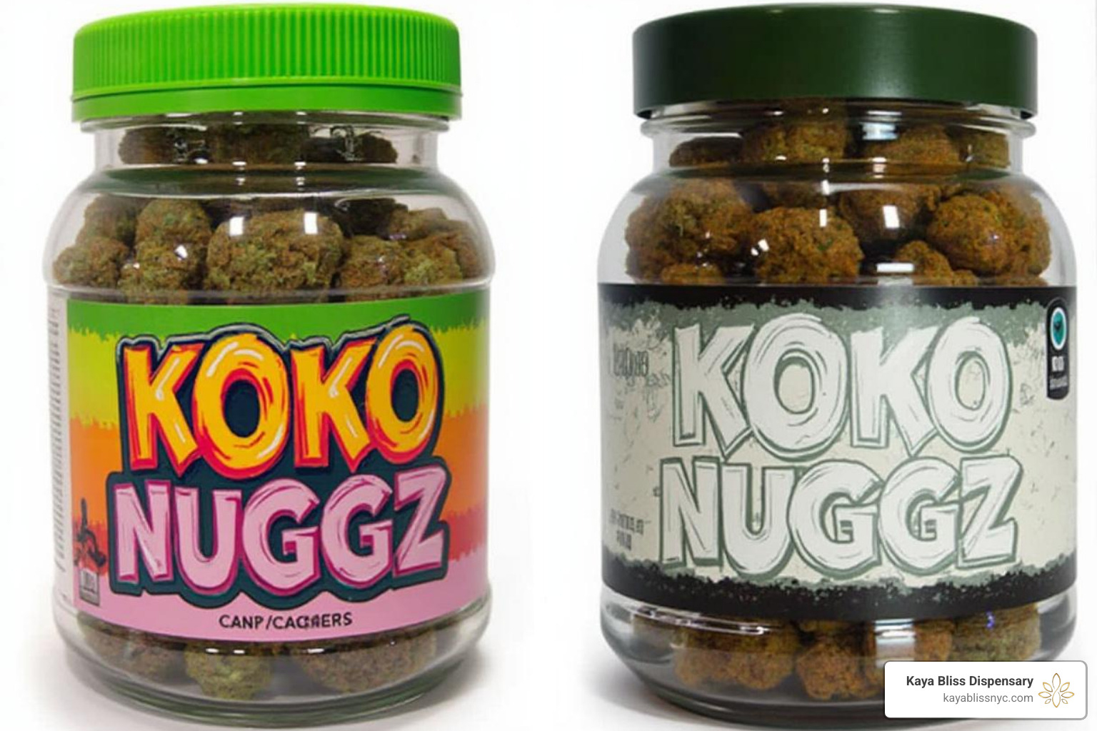 Koko Nuggz packaging comparison, showing a non-medicated jar and a THC-labeled jar - does koko nuggz have thc
