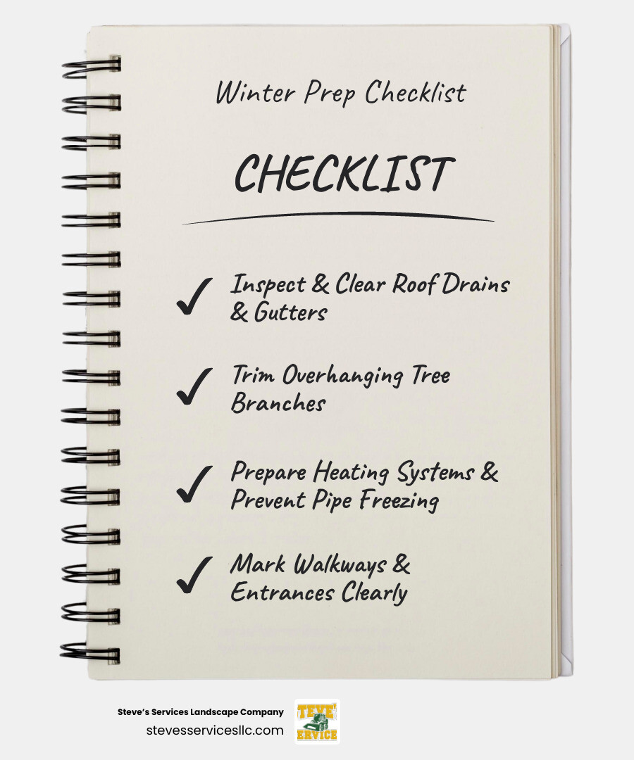 Infographic: A comprehensive checklist for property owners outlining essential steps for winter preparedness, including checking roof drains and gutters, trimming tree branches, ensuring heating systems are ready, regulating temperatures to prevent pipe freezing, marking walkways with stakes, and preparing a three-mat system for entrances. - snow and ice management infographic checklist-notebook