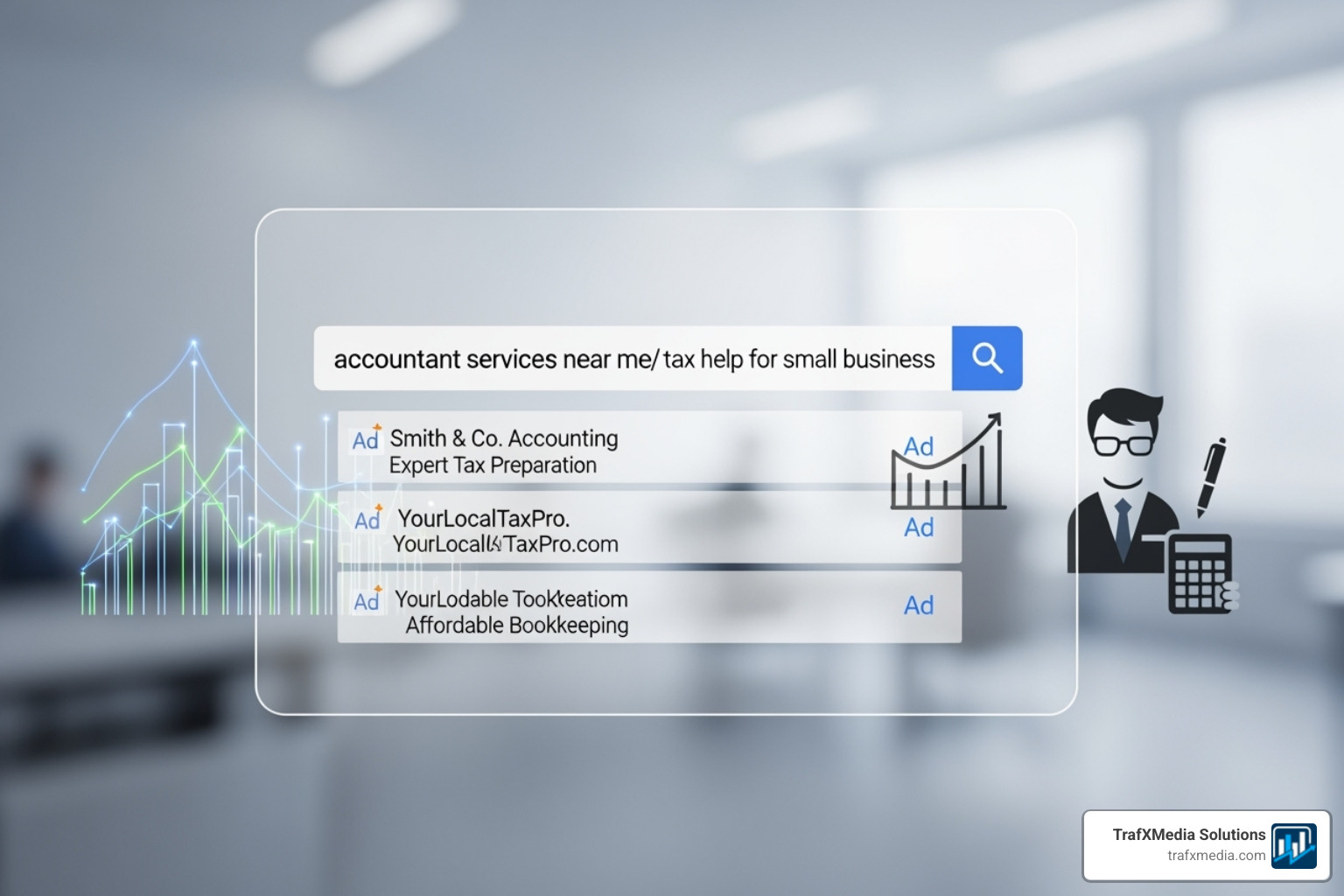 A clean dashboard showing key performance indicators (KPIs) like Click-Through Rate, Conversions, and Cost-Per-Acquisition, with data presented clearly for a white male accountant to review. - Google ads for accountants A clean dashboard showing key performance indicators (KPIs) like Click-Through Rate, Conversions, and Cost-Per-Acquisition, with data presented clearly for a white male accountant to review. - Google ads for accountants
