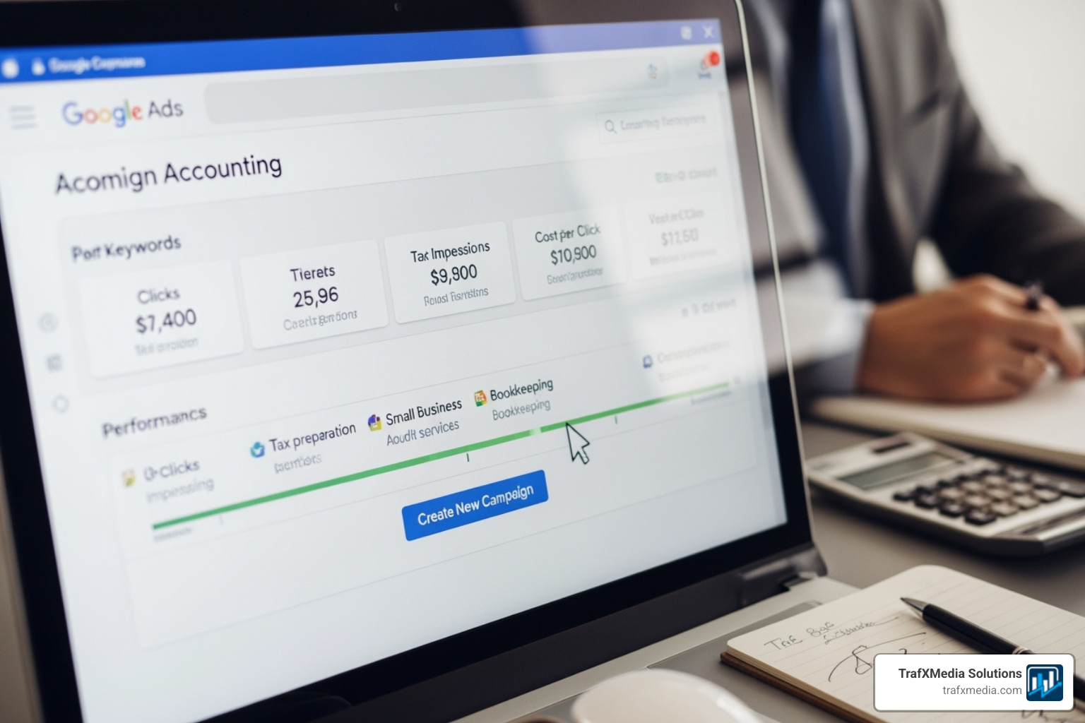 A person's hands typing on a keyboard, with the Google Ads campaign setup interface visible on the screen, showing a white male's hands. - Google ads for accountants A person's hands typing on a keyboard, with the Google Ads campaign setup interface visible on the screen, showing a white male's hands. - Google ads for accountants