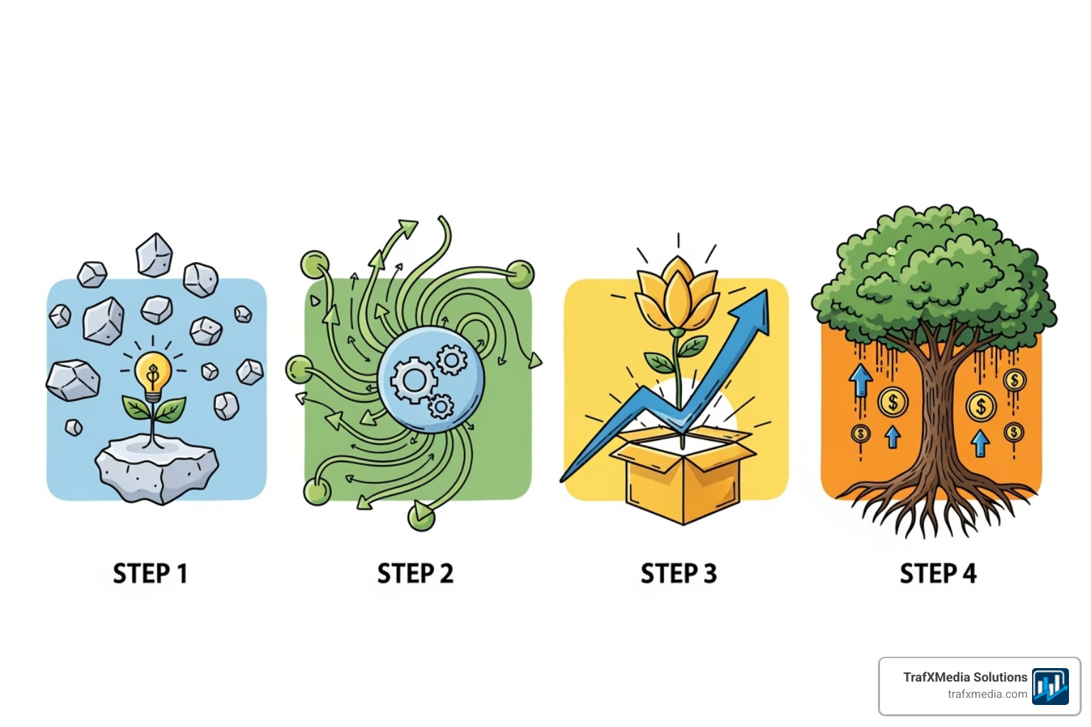flowchart illustrating a 4-step SEO process: Findy, Strategy, Execution, Reporting - San Francisco SEO services flowchart illustrating a 4-step SEO process: Findy, Strategy, Execution, Reporting - San Francisco SEO services