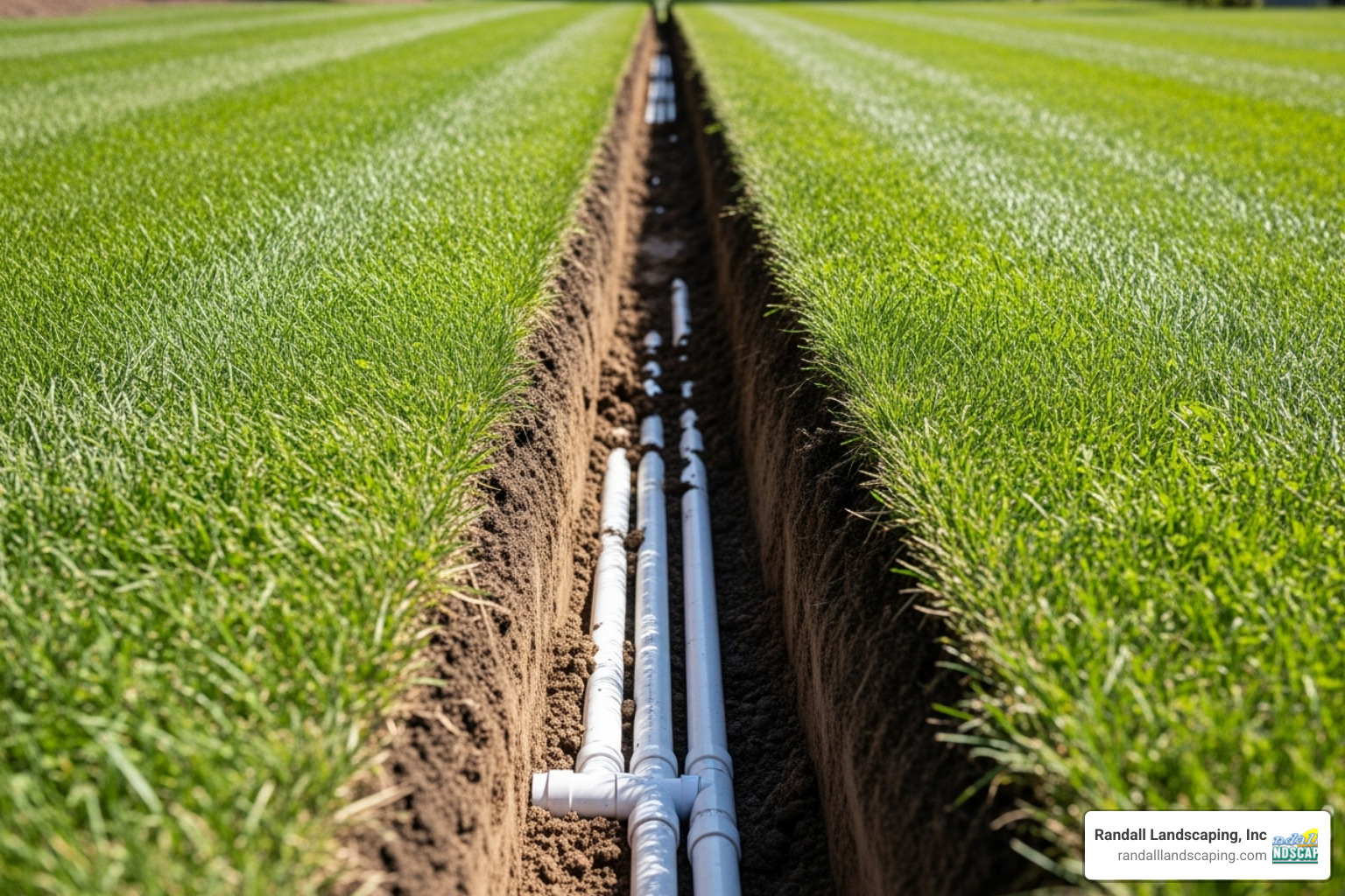 neatly dug trench with PVC pipe laid inside, ready for connection - garden sprinkler system installation