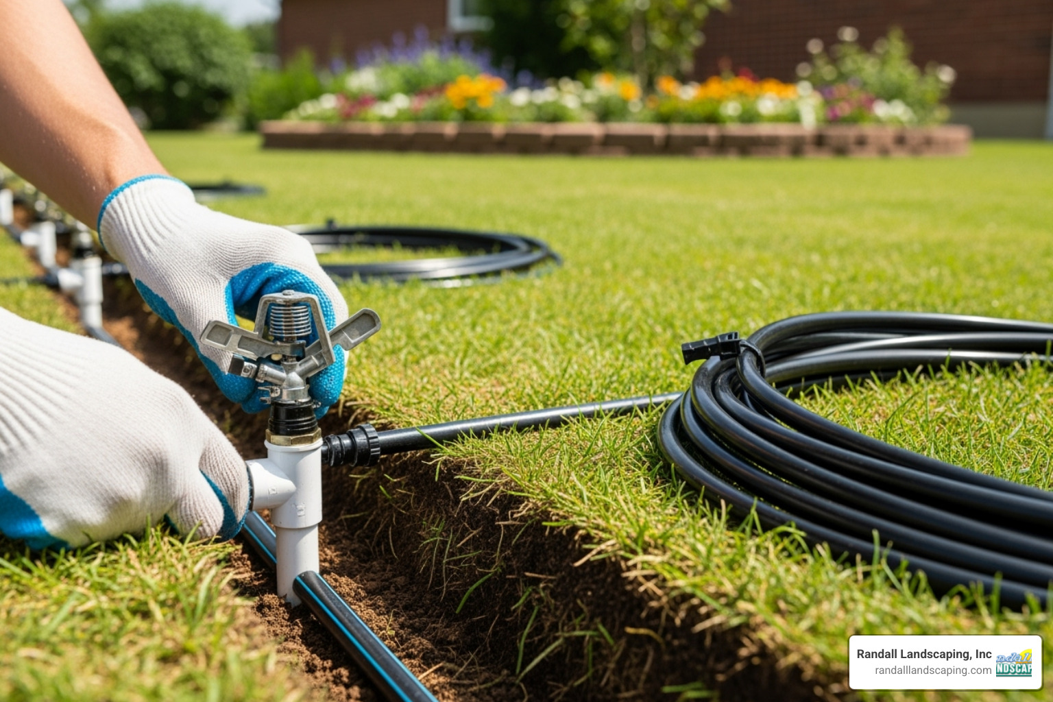 hand-drawn sprinkler system layout on graph paper next to a tape measure and flags - garden sprinkler system installation