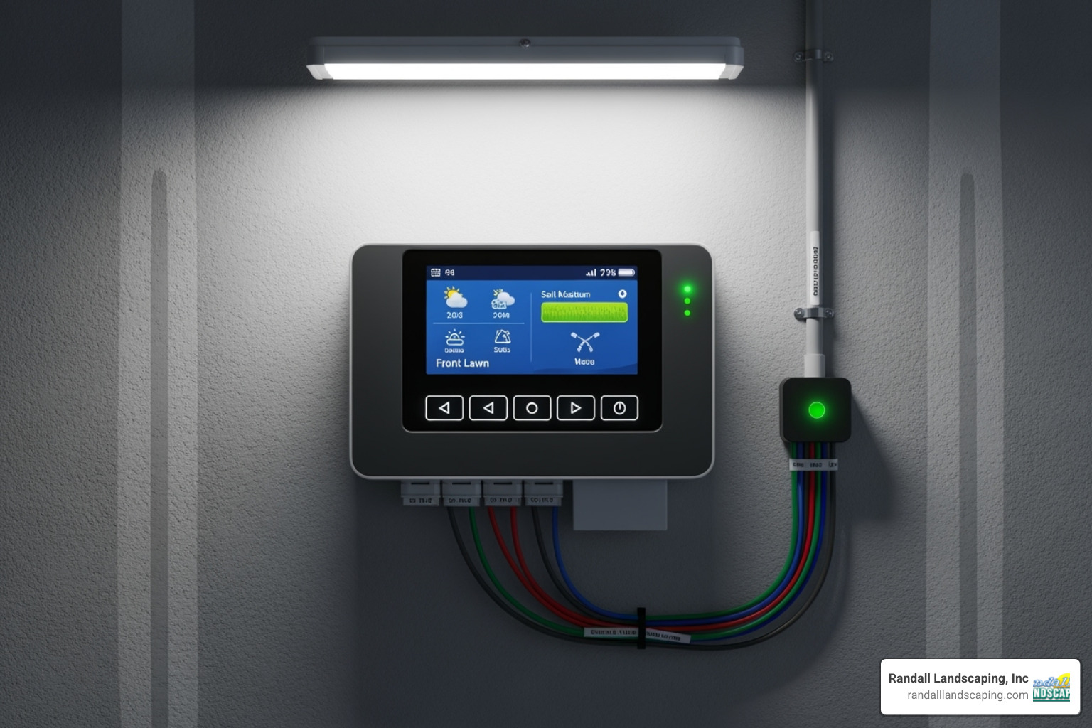 modern smart sprinkler controller mounted on a garage wall - garden sprinkler system installation