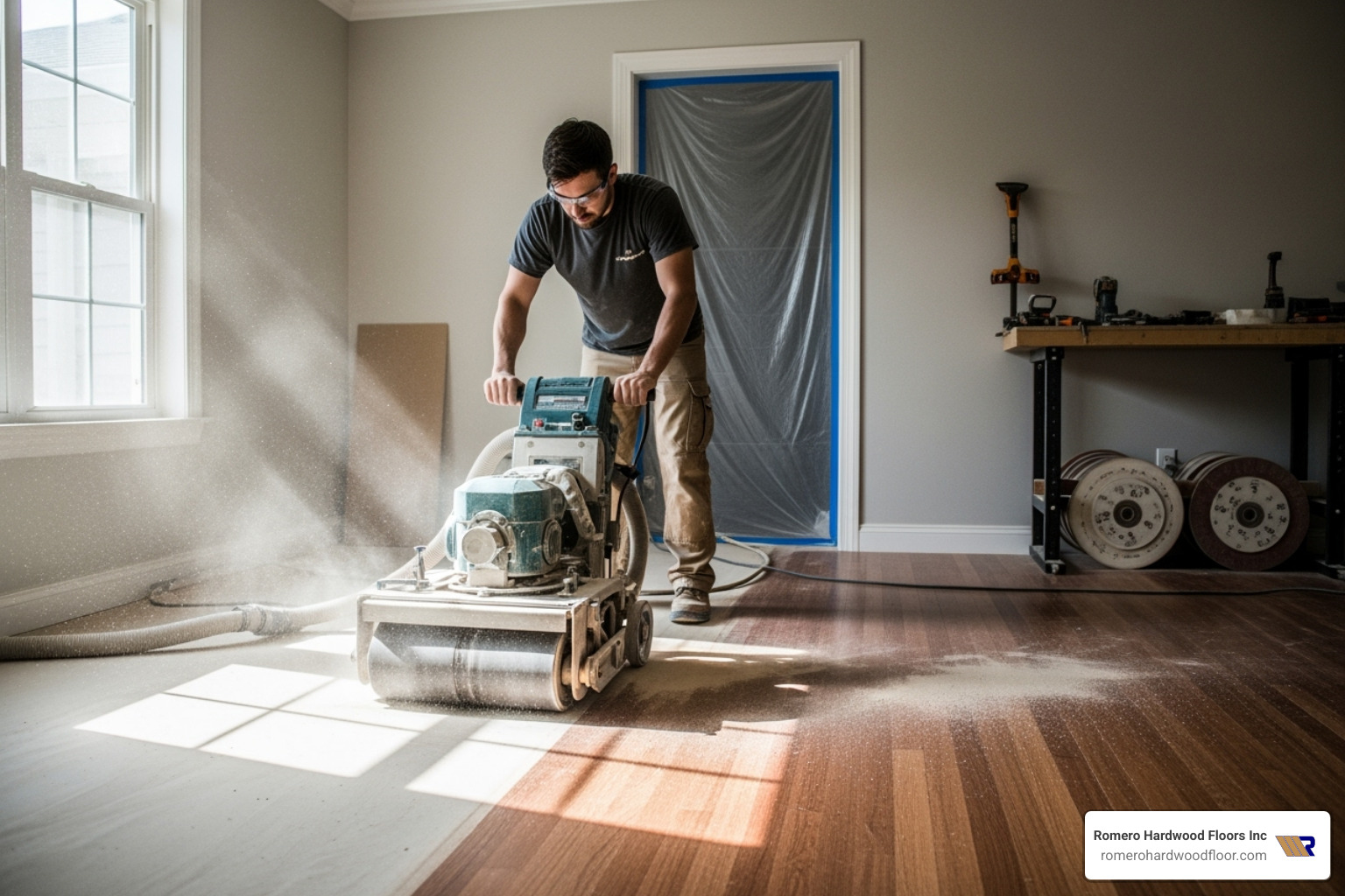 a drum sander being used on a hardwood floor, moving with the grain - best way to strip hardwood floors