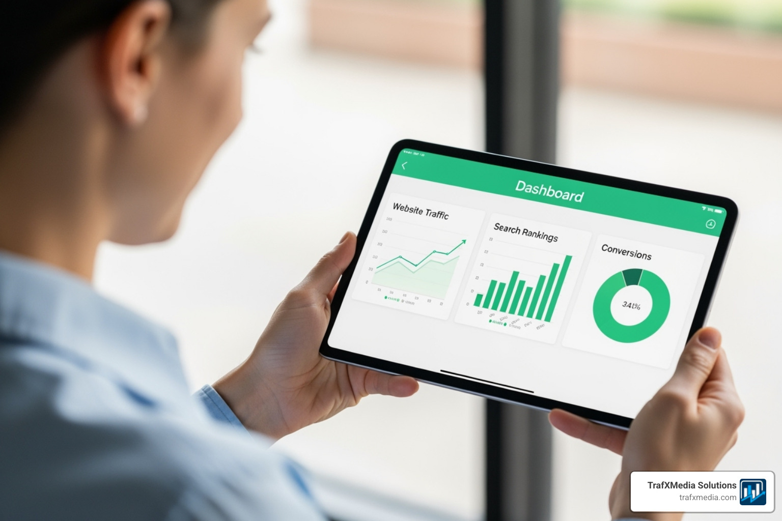 clean, modern dashboard on a tablet showing positive growth charts for traffic, rankings, and conversions, held by a person of Caucasian descent - San Francisco SEO services clean, modern dashboard on a tablet showing positive growth charts for traffic, rankings, and conversions, held by a person of Caucasian descent - San Francisco SEO services