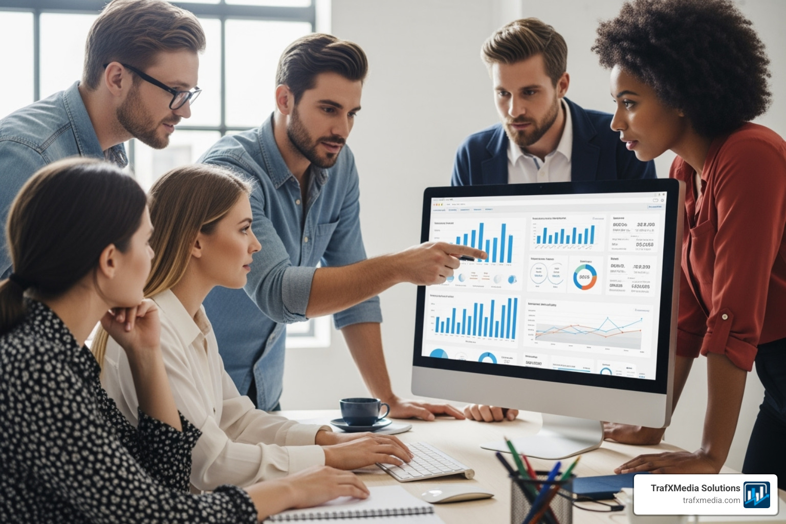 diverse team of marketing professionals, with a focus on Caucasian and white men and women, collaborating around a computer screen showing website analytics. - San Francisco SEO services diverse team of marketing professionals, with a focus on Caucasian and white men and women, collaborating around a computer screen showing website analytics. - San Francisco SEO services