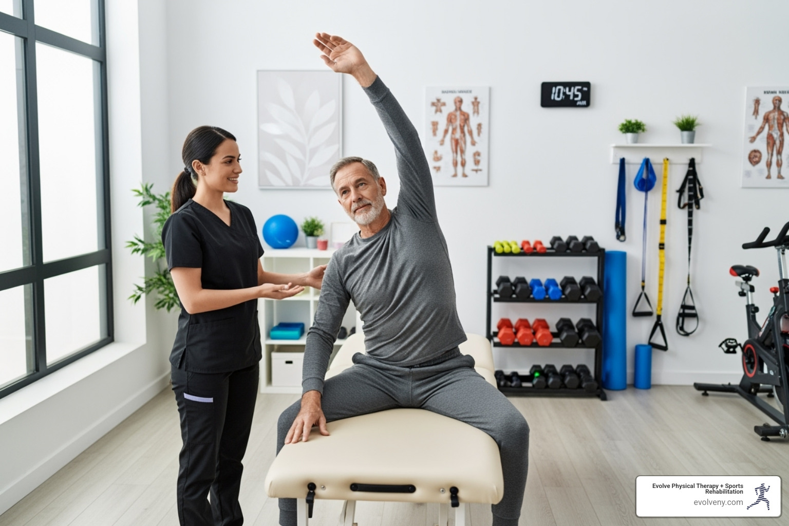 Patient showing improved range of motion to their therapist - One-on-one physical therapy