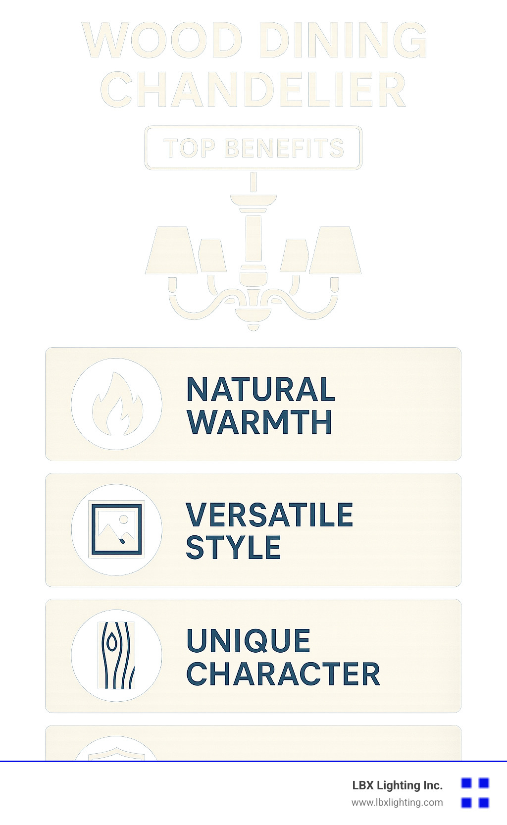 Infographic summarizing the top benefits of wood dining chandeliers, including natural warmth, versatile style, unique character, and durability - Wood dining chandelier infographic 