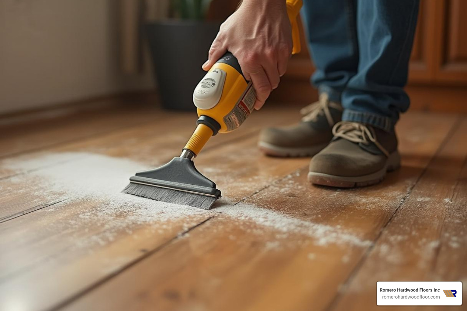 chemical stripper being applied to a small section of a hardwood floor - best way to strip hardwood floors