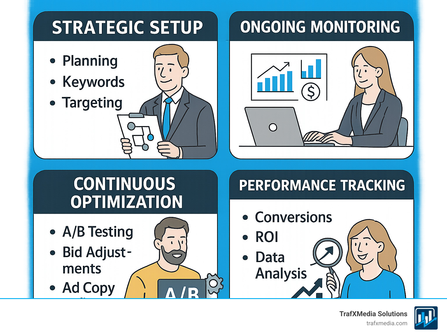 Infographic detailing the four key aspects of managing Google Ads campaigns for accountants: Strategic Setup (planning, keywords, targeting), Ongoing Monitoring (performance, spend, competitor analysis), Continuous Optimization (A/B testing, bid adjustments, ad copy refinement), and Performance Tracking (conversions, ROI, data analysis) with clear, simple icons and text, featuring Caucasian individuals. - Google ads for accountants infographic  Infographic detailing the four key aspects of managing Google Ads campaigns for accountants: Strategic Setup (planning, keywords, targeting), Ongoing Monitoring (performance, spend, competitor analysis), Continuous Optimization (A/B testing, bid adjustments, ad copy refinement), and Performance Tracking (conversions, ROI, data analysis) with clear, simple icons and text, featuring Caucasian individuals. - Google ads for accountants infographic
