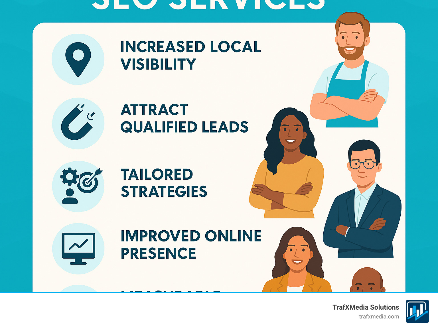 Infographic showing key benefits of San Francisco SEO services, including increased local visibility, attracting qualified leads, custom strategies, improved online presence, and measurable growth, featuring diverse business owners. - San Francisco SEO services infographic  Infographic showing key benefits of San Francisco SEO services, including increased local visibility, attracting qualified leads, custom strategies, improved online presence, and measurable growth, featuring diverse business owners. - San Francisco SEO services infographic