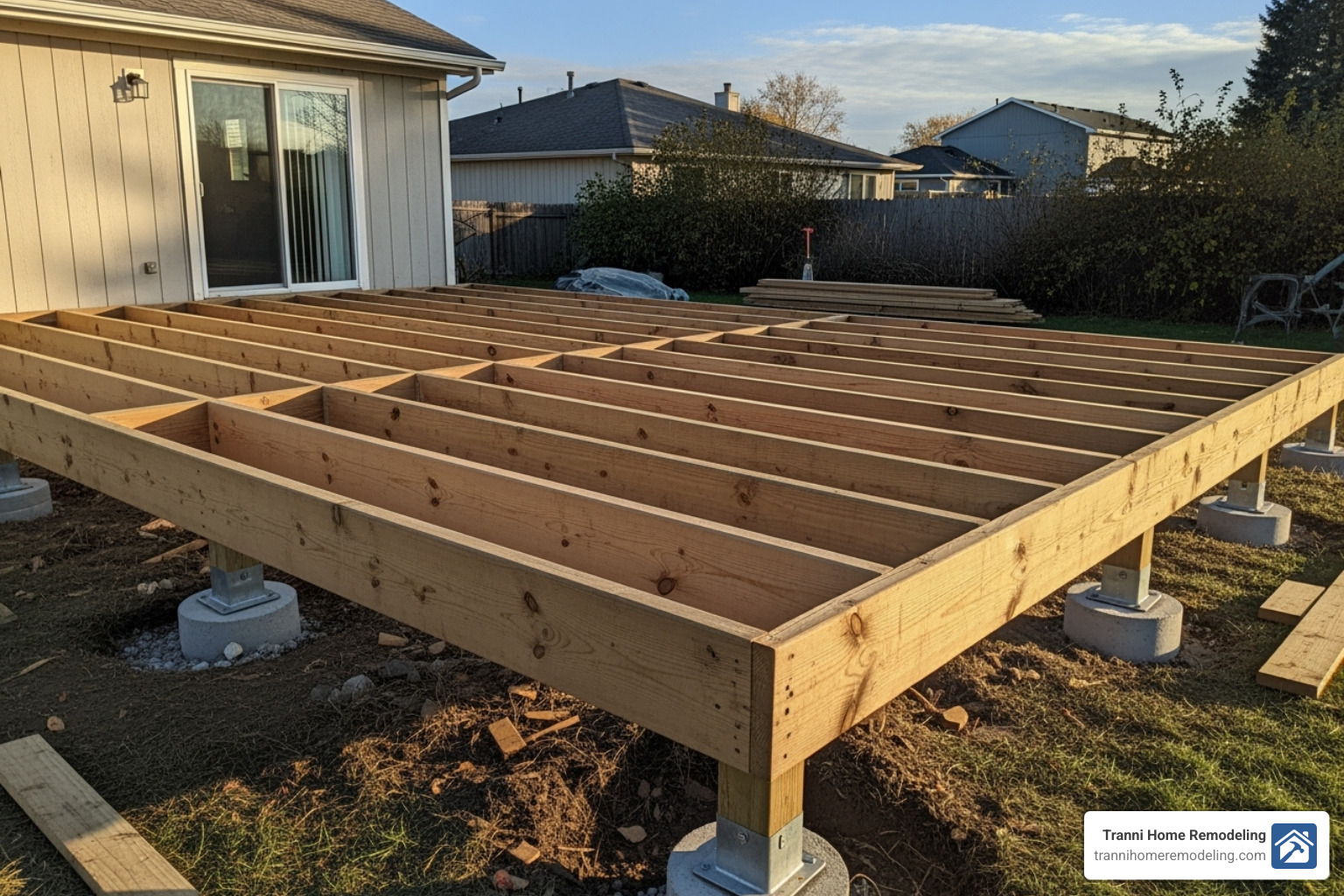 deck frame being constructed, showing proper footings and joists - deck contractor near me