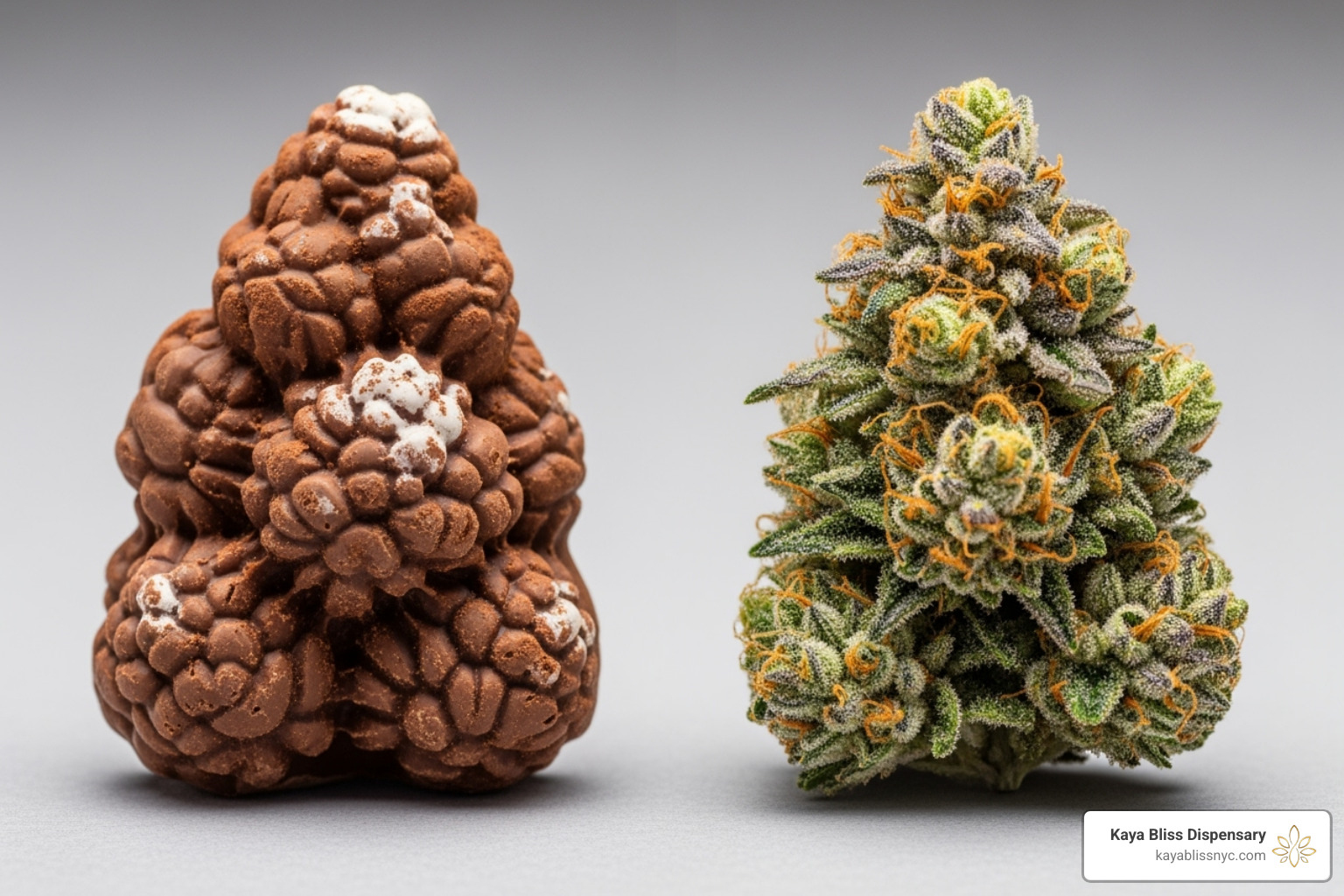 A side-by-side comparison of a non-THC chocolate bud candy and an actual New York cannabis bud, showcasing their striking visual similarities in shape, texture, and color variations. - candy looks like weed