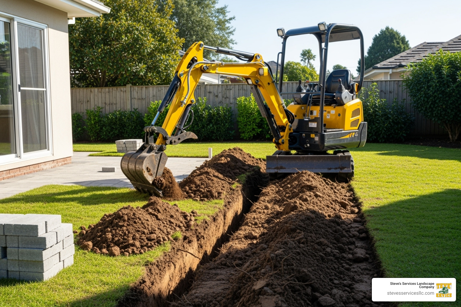 Mini excavator digging a trench for a new patio - Mini digger for hire