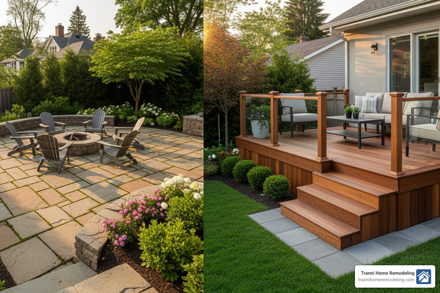 side-by-side comparison of a ground-level stone patio and a raised wooden deck - deck contractor near me