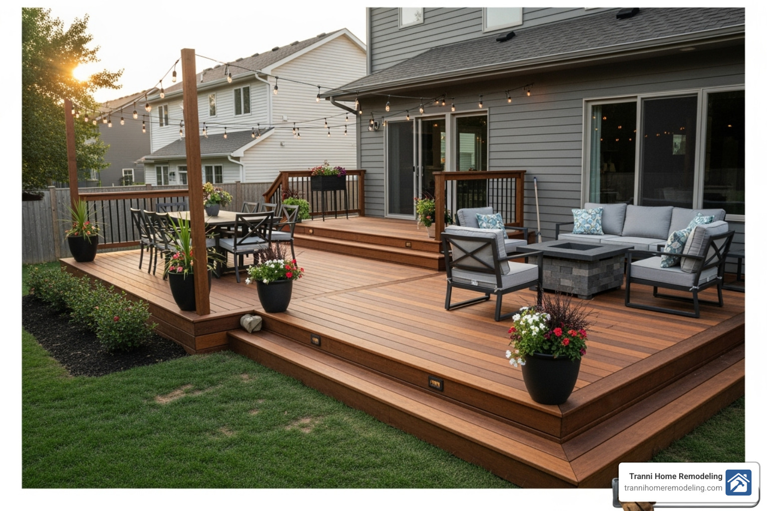 contractor showing a 3D deck design to a homeowner on a tablet - deck contractor near me