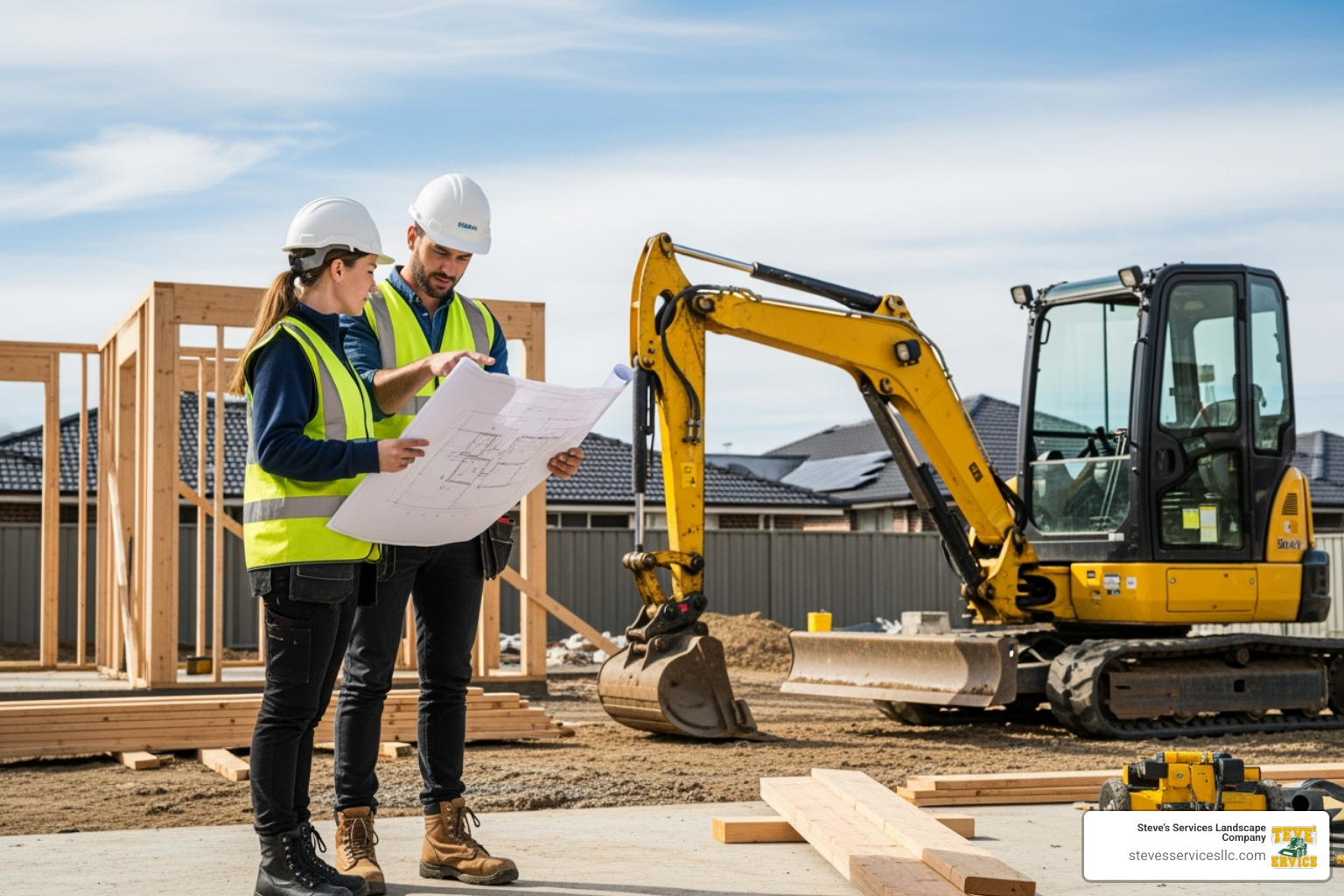 contractor and homeowner reviewing plans - Mini excavator contractor