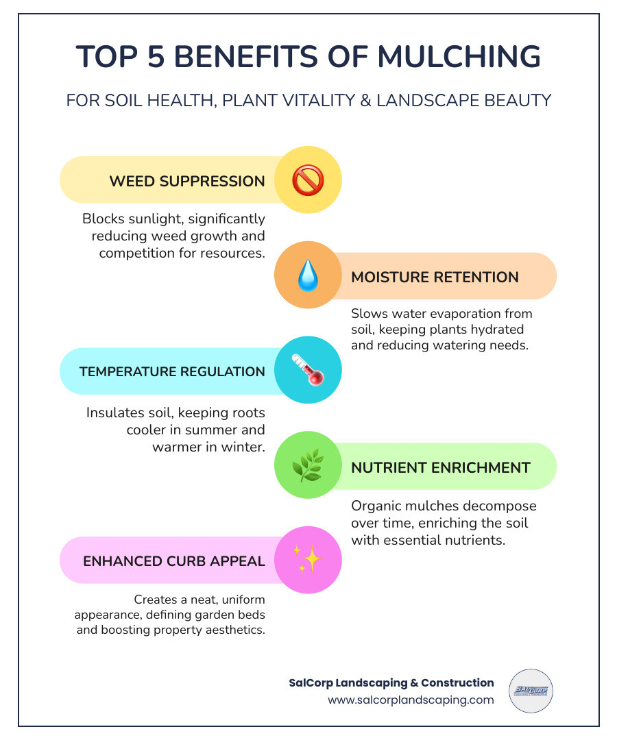 Infographic explaining the top 5 benefits of mulching for soil and plant health, including weed suppression, moisture retention, soil temperature regulation, nutrient enrichment, and improved curb appeal - mulching and edging services infographic infographic-line-5-steps-colors