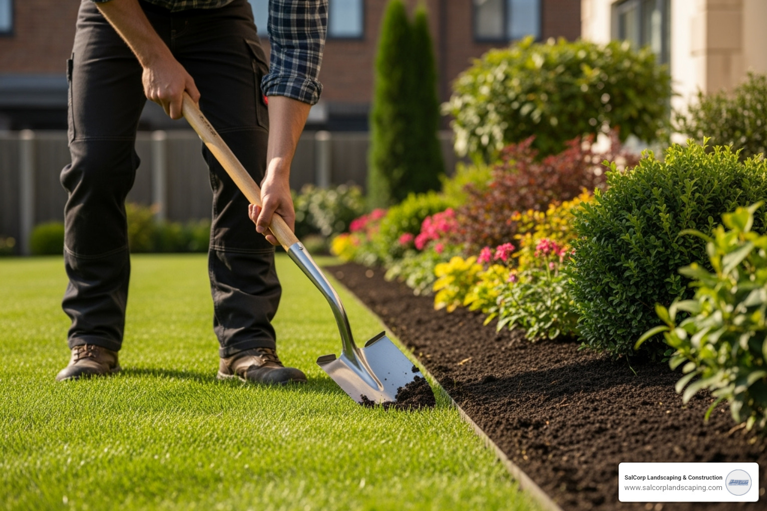 of a landscaper professionally edging a garden bed with a spade - mulching and edging services