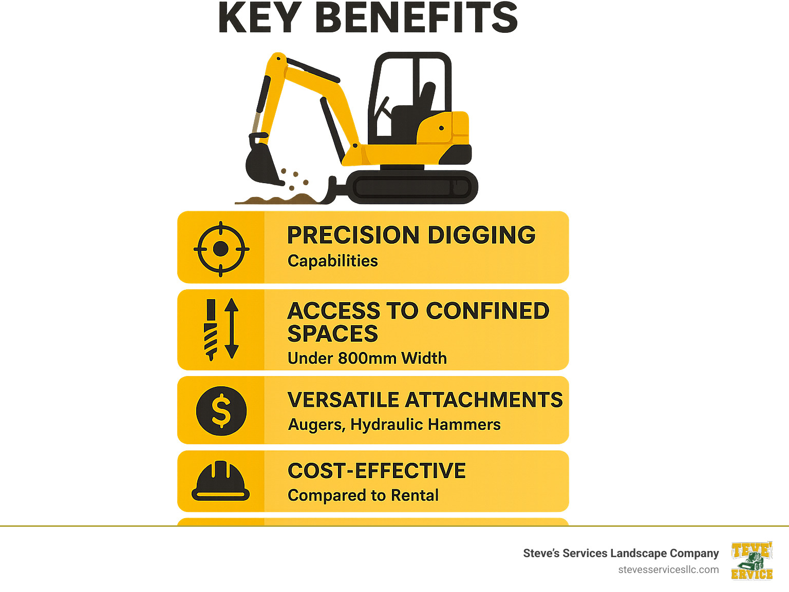Infographic showing the key benefits of hiring a mini excavator contractor including precision digging capabilities, access to confined spaces under 800mm width, versatile attachment options like augers and hydraulic hammers, cost-effectiveness compared to equipment rental, professional safety standards, and fuel efficiency advantages - Mini excavator contractor infographic 