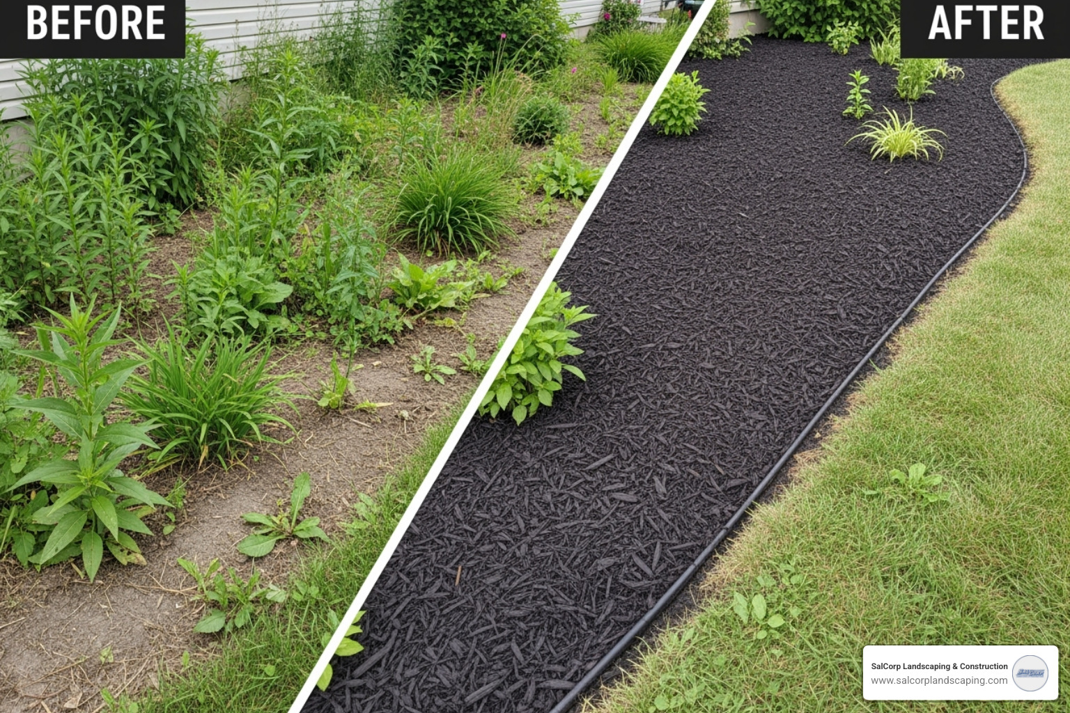 of a finished residential property showcasing the dramatic before-and-after effect of professional mulching and edging - mulching and edging services