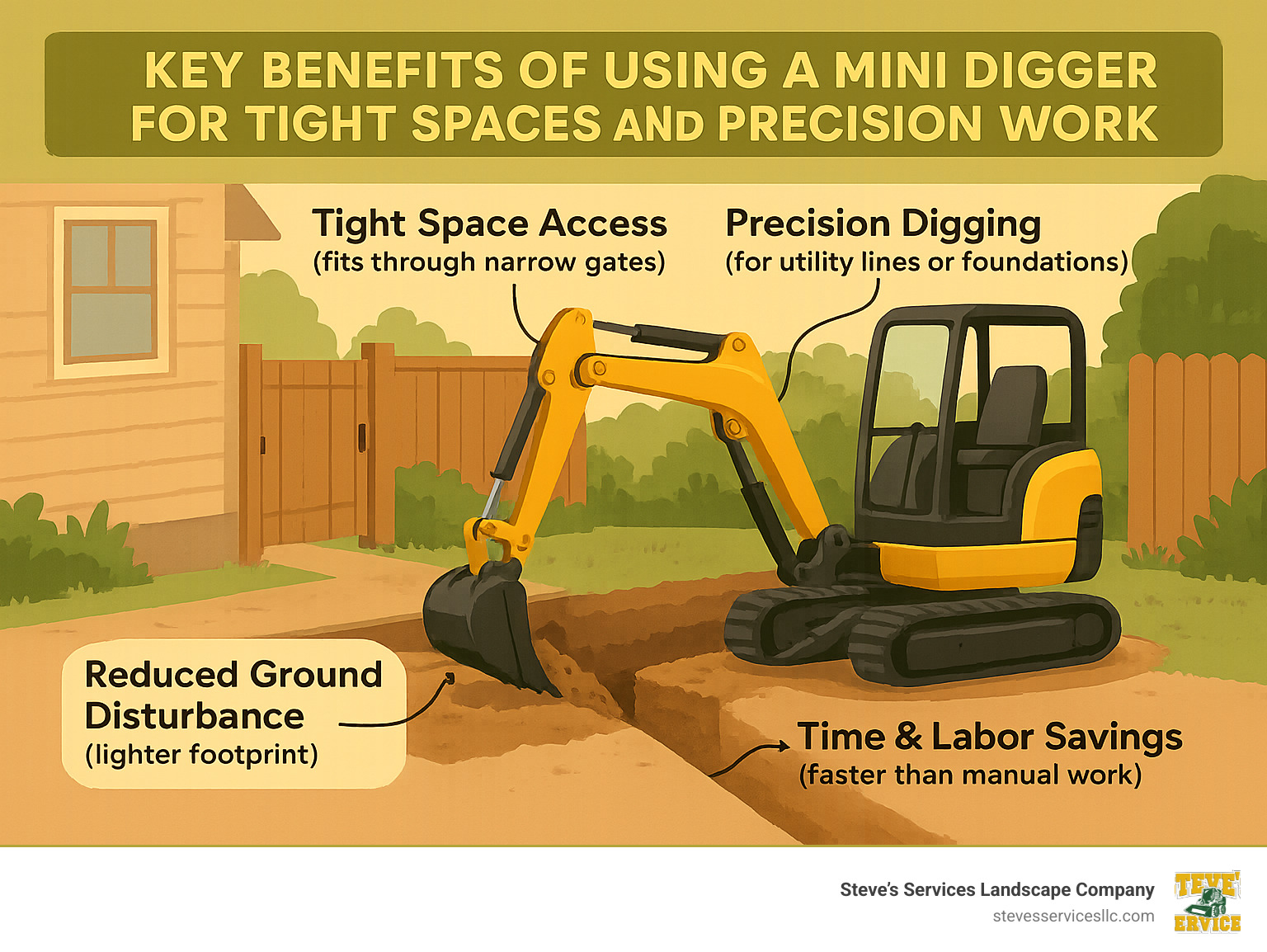 Key benefits of using a mini digger for tight spaces and precision work. The infographic shows a mini excavator working in a confined backyard setting, with callouts for "Tight Space Access (fits through narrow gates)", "Precision Digging (for utility lines or foundations)", "Reduced Ground Disturbance (lighter footprint)", and "Time & Labor Savings (faster than manual work)". - Mini digger for hire infographic 