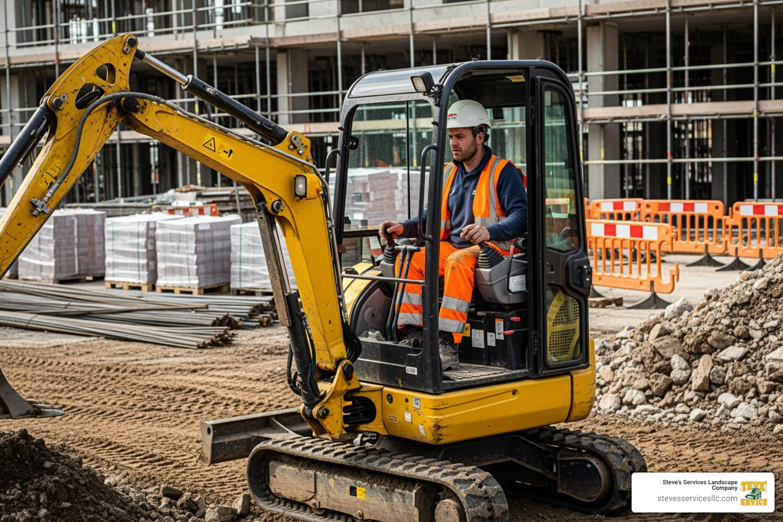 Operator wearing a hard hat and safety vest while operating a mini excavator - Mini digger for hire