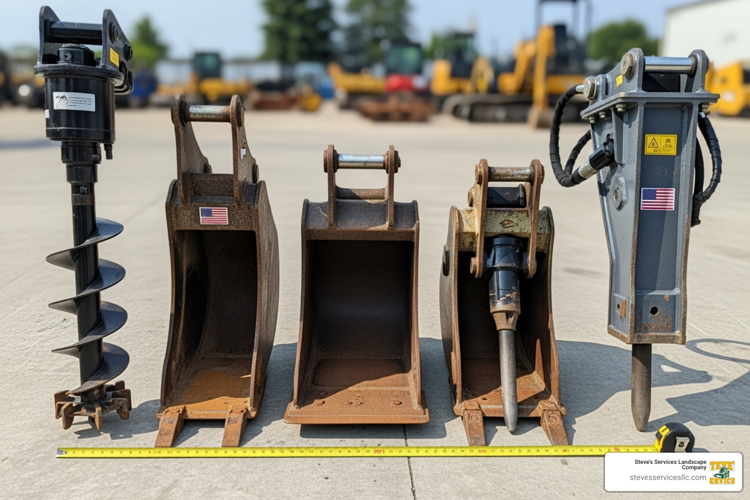 Various mini digger attachments like augers, buckets, and breakers - Mini digger for hire