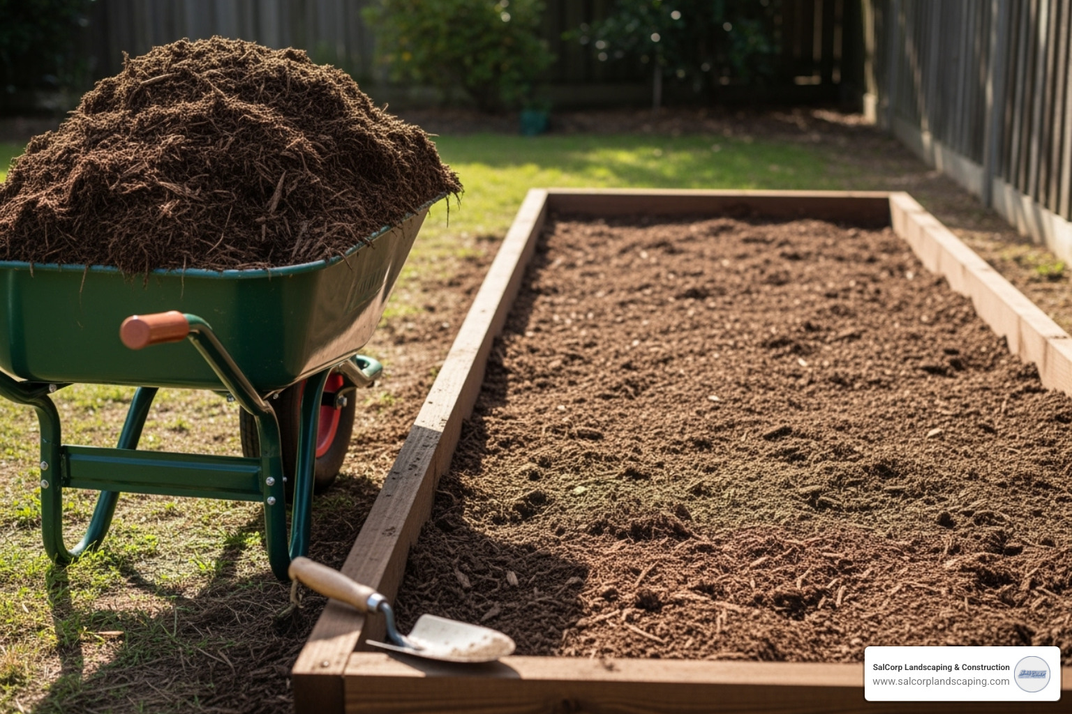 of a wheelbarrow full of mulch next to a prepared garden bed ready for application - mulching and edging services