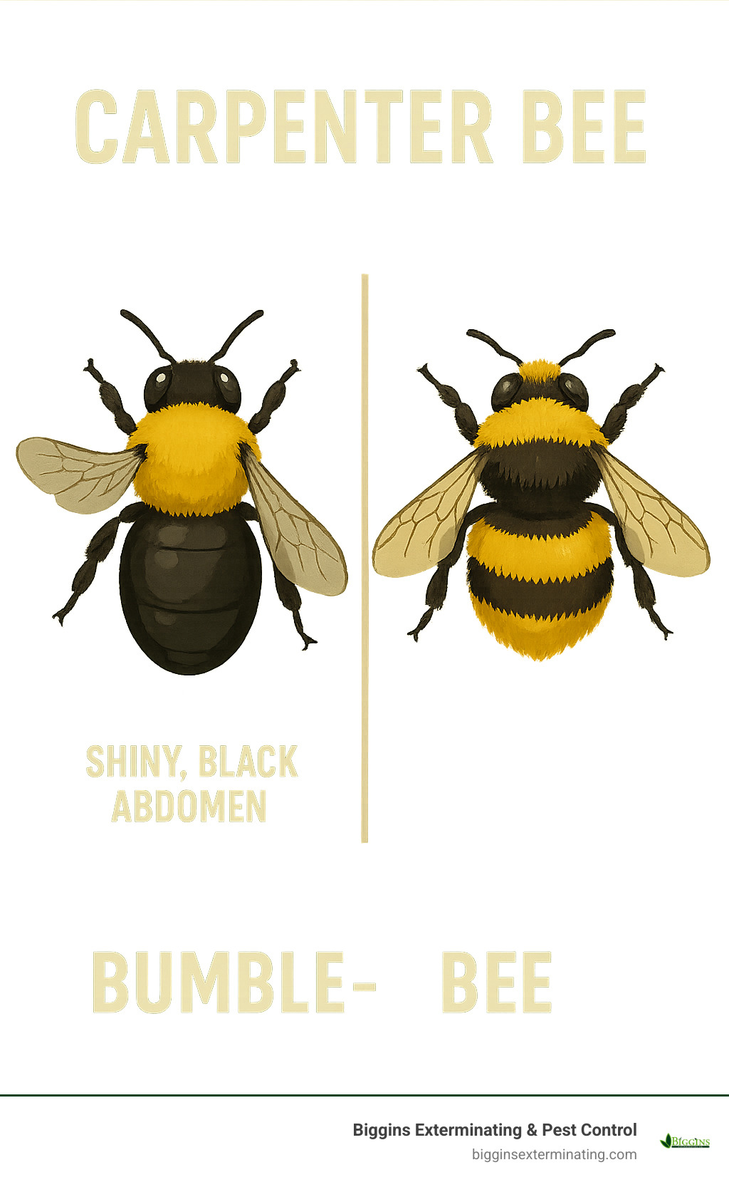 Infographic explaining the visual differences between a carpenter bee and a bumblebee, highlighting the shiny, black abdomen of the carpenter bee. - insecticide for carpenter bees lowes infographic 